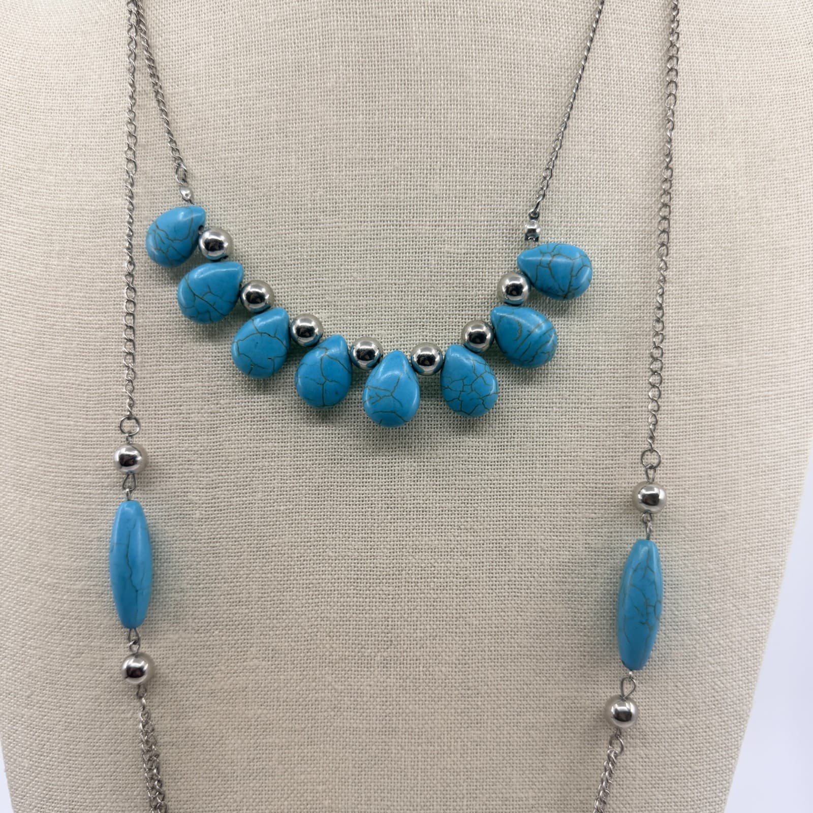 Vintage Silver Tone Blue Faux Turquoise Double Strand Necklace Boho Layered - Thumbnail 2