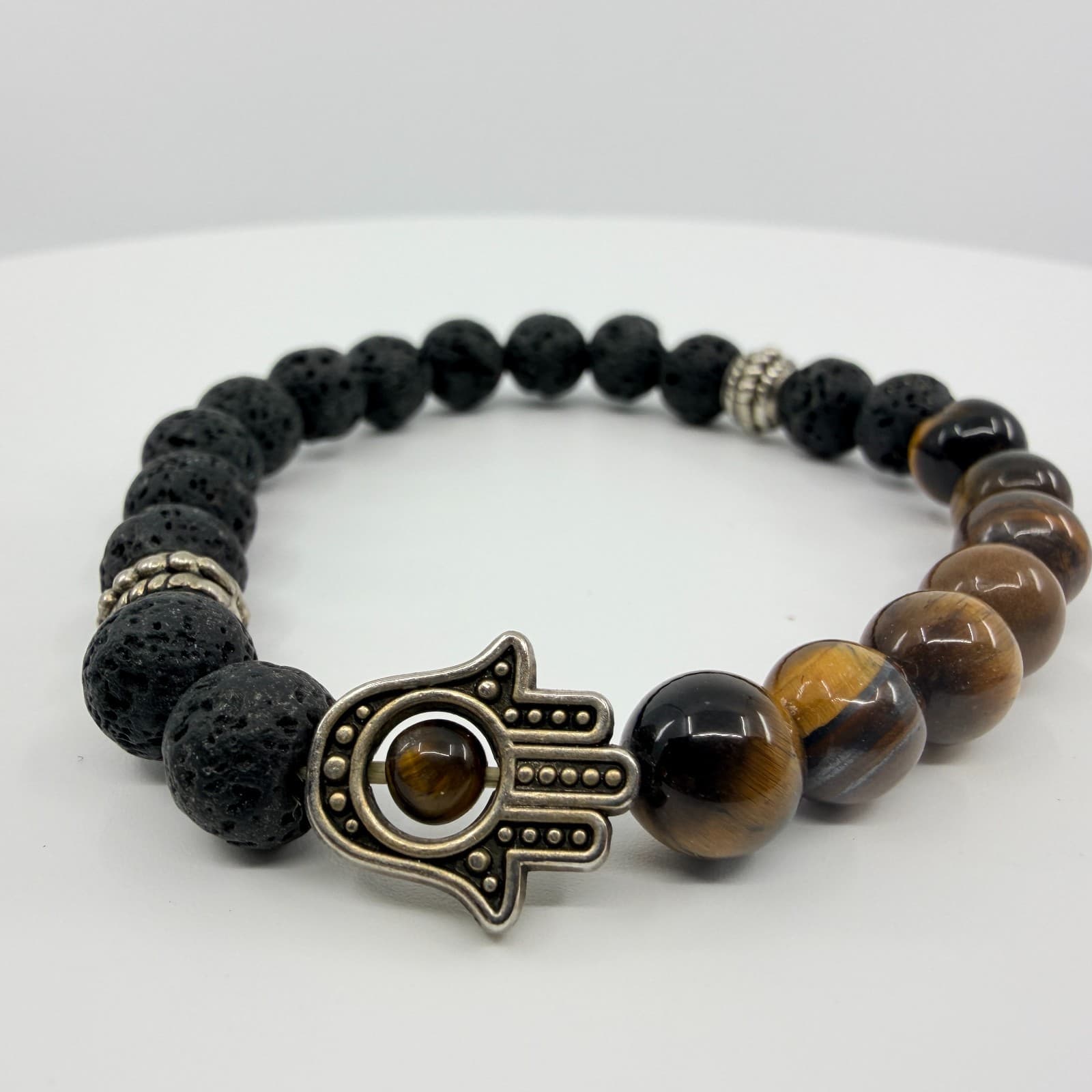 Vintage Silver Tone Hamsa Hand Stretch Bracelet Lava Rock Tiger Eye Tone Retro - Thumbnail 2