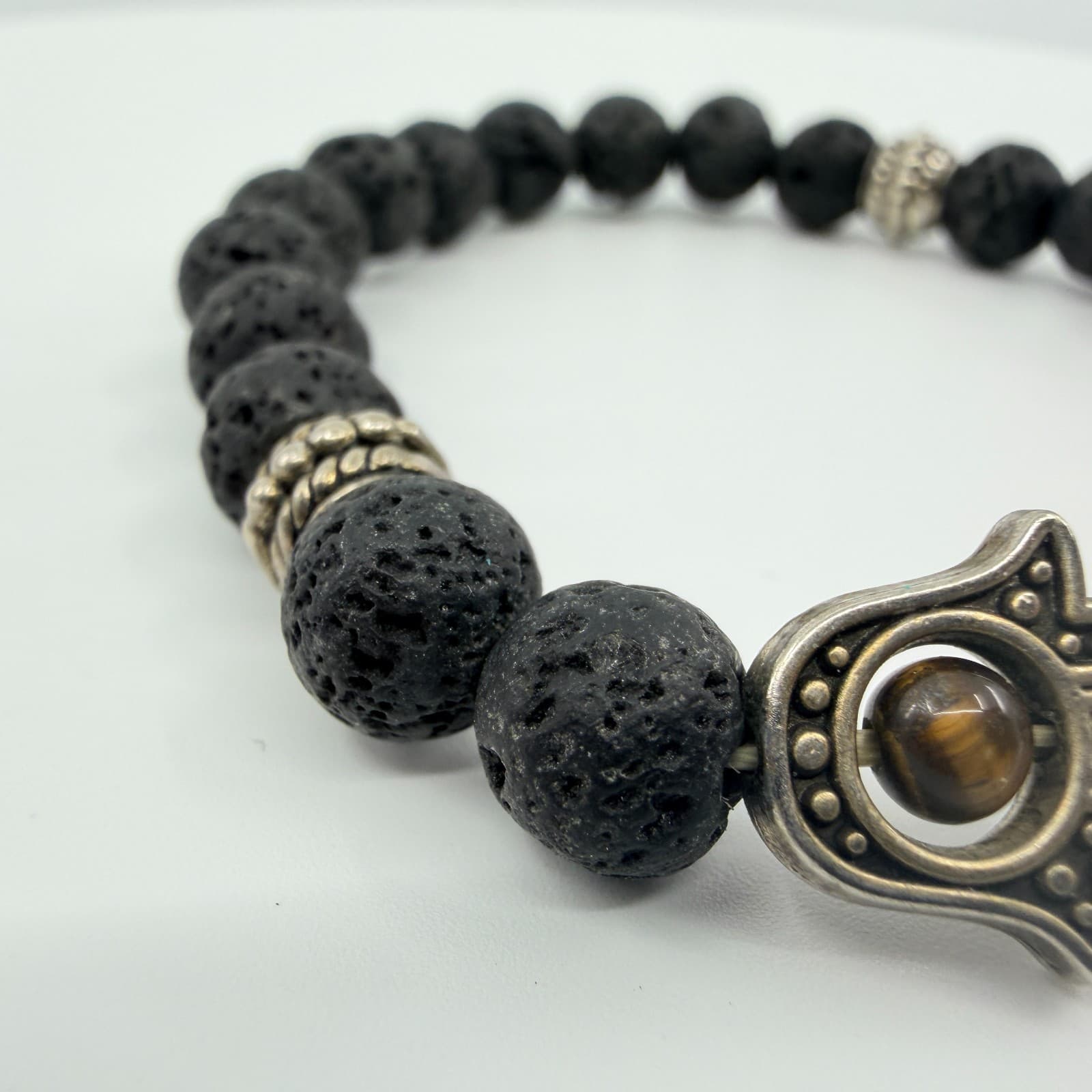 Vintage Silver Tone Hamsa Hand Stretch Bracelet Lava Rock Tiger Eye Tone Retro - Thumbnail 3