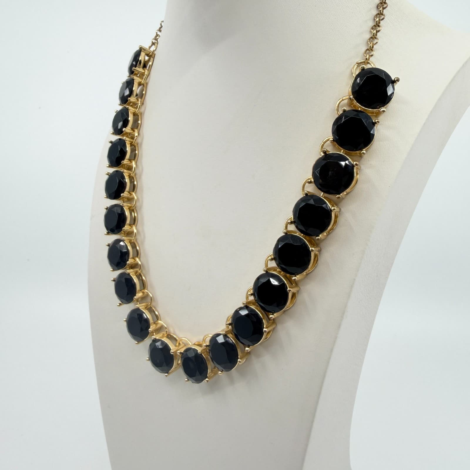 Vintage Gold Tone Bold Black Faceted Stone Statement Necklace Round Choker Retro - Thumbnail 6