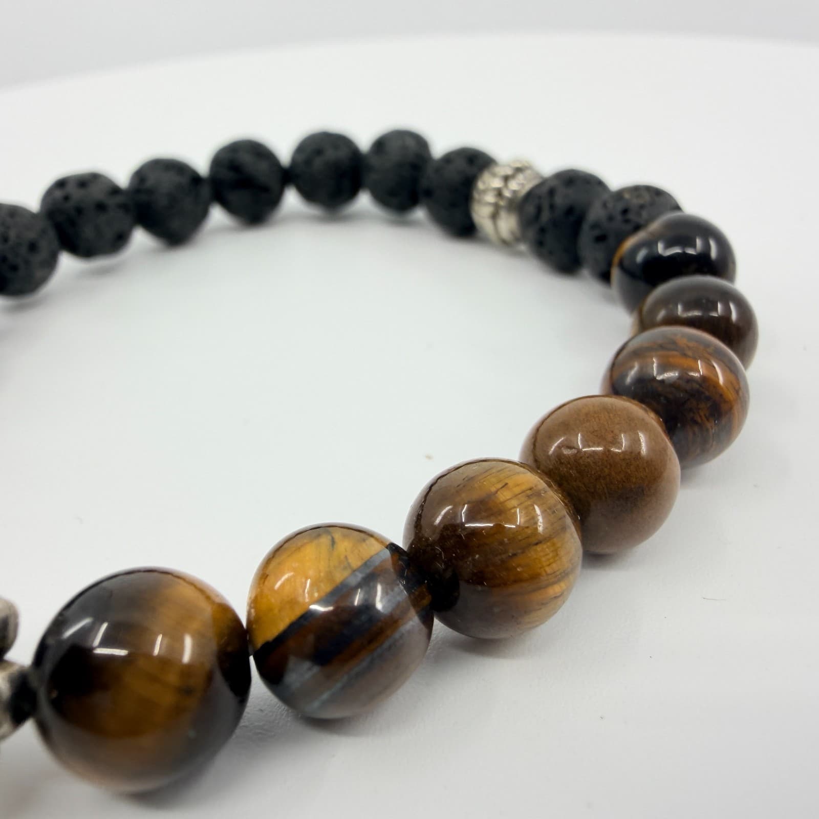 Vintage Silver Tone Hamsa Hand Stretch Bracelet Lava Rock Tiger Eye Tone Retro - Thumbnail 4