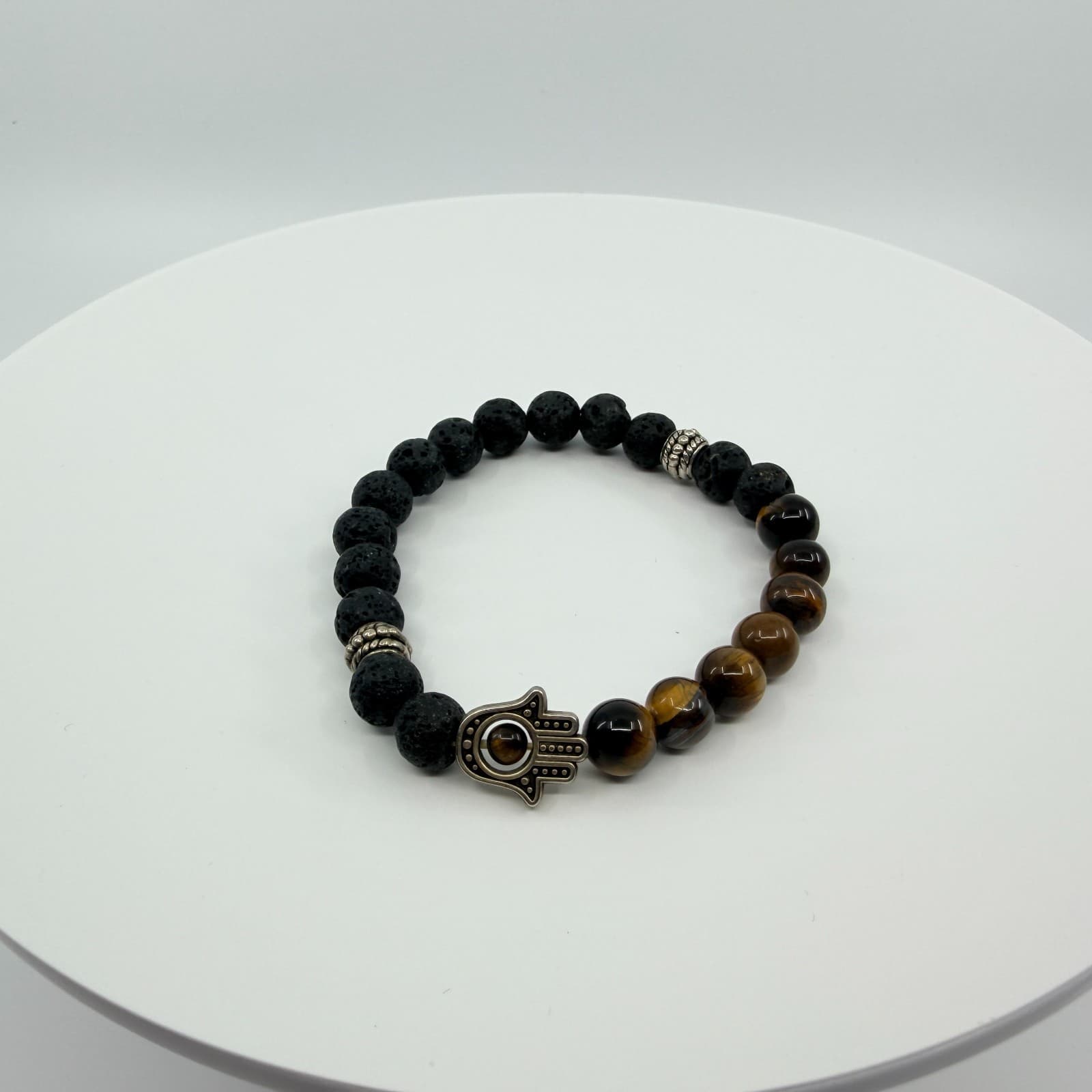 Vintage Silver Tone Hamsa Hand Stretch Bracelet Lava Rock Tiger Eye Tone Retro - Thumbnail 5