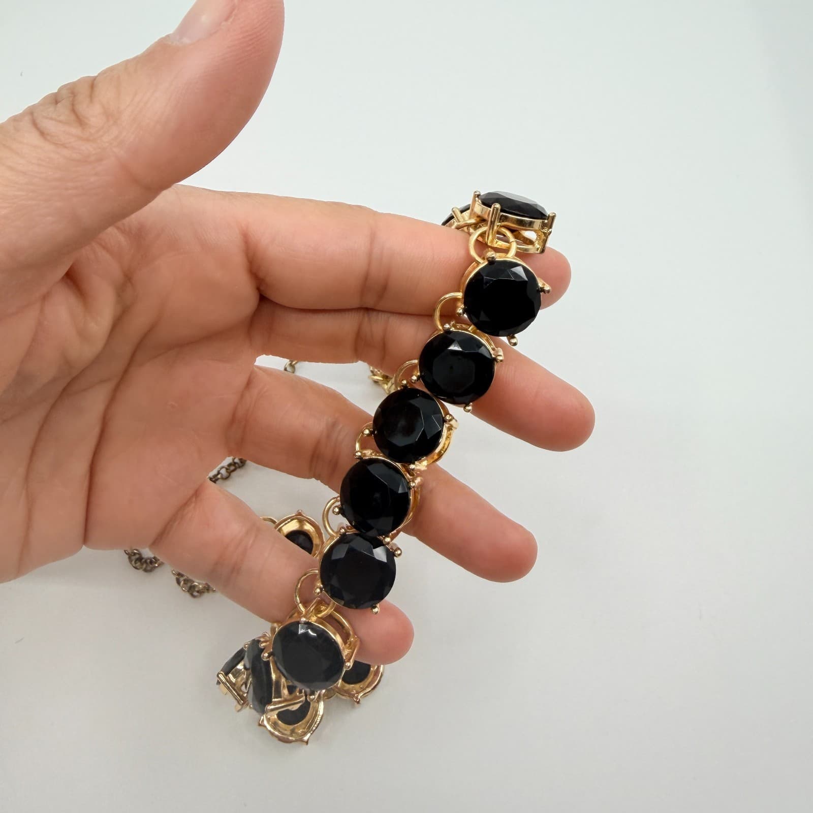 Vintage Gold Tone Bold Black Faceted Stone Statement Necklace Round Choker Retro - Thumbnail 9