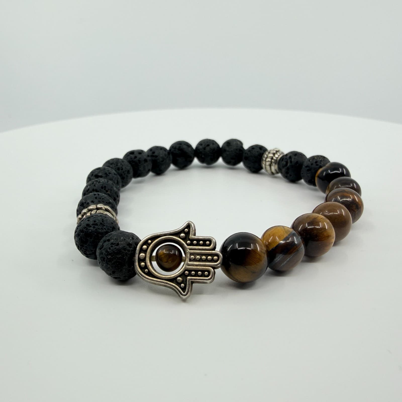 Vintage Silver Tone Hamsa Hand Stretch Bracelet Lava Rock Tiger Eye Tone Retro - Thumbnail 7