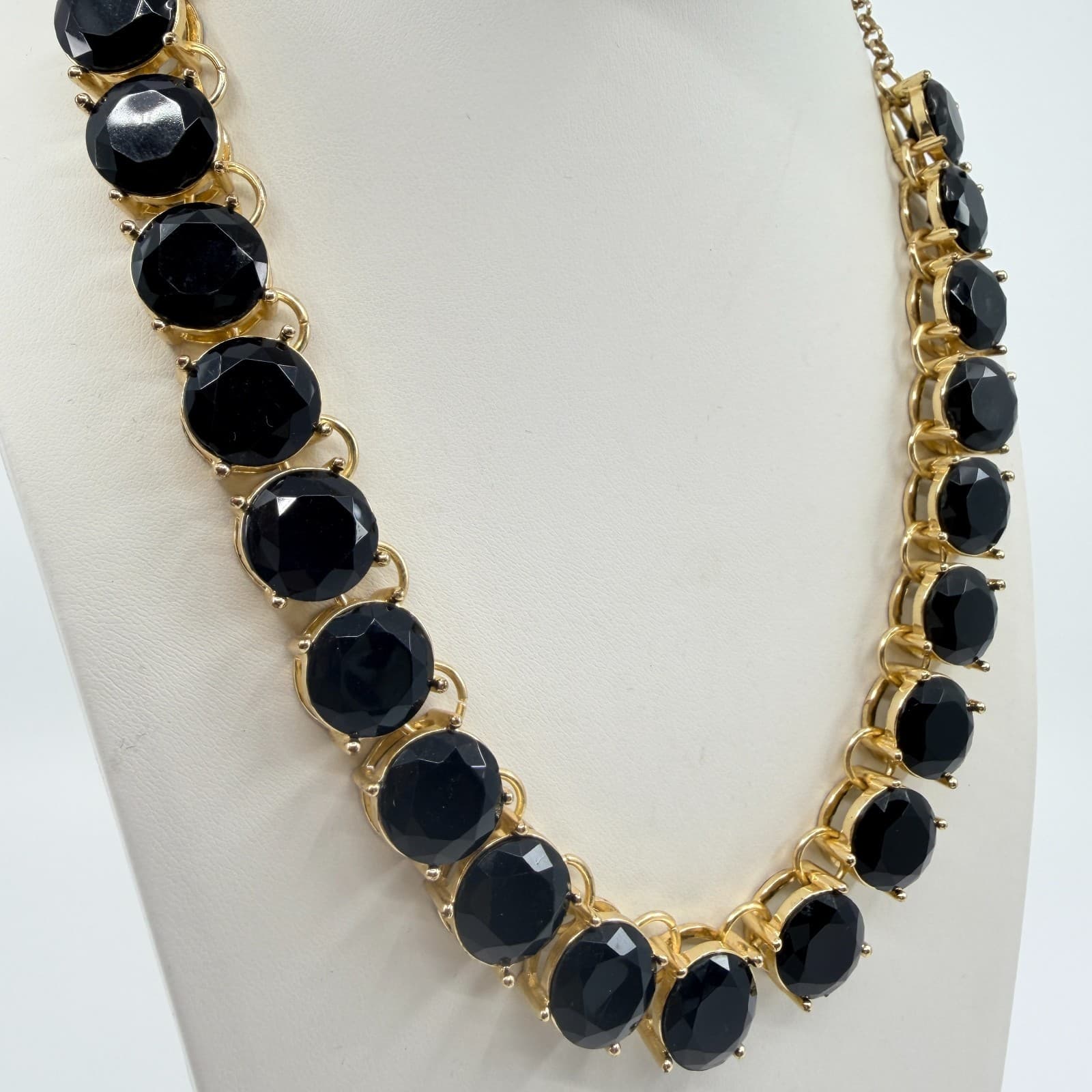 Vintage Gold Tone Bold Black Faceted Stone Statement Necklace Round Choker Retro - Thumbnail 5