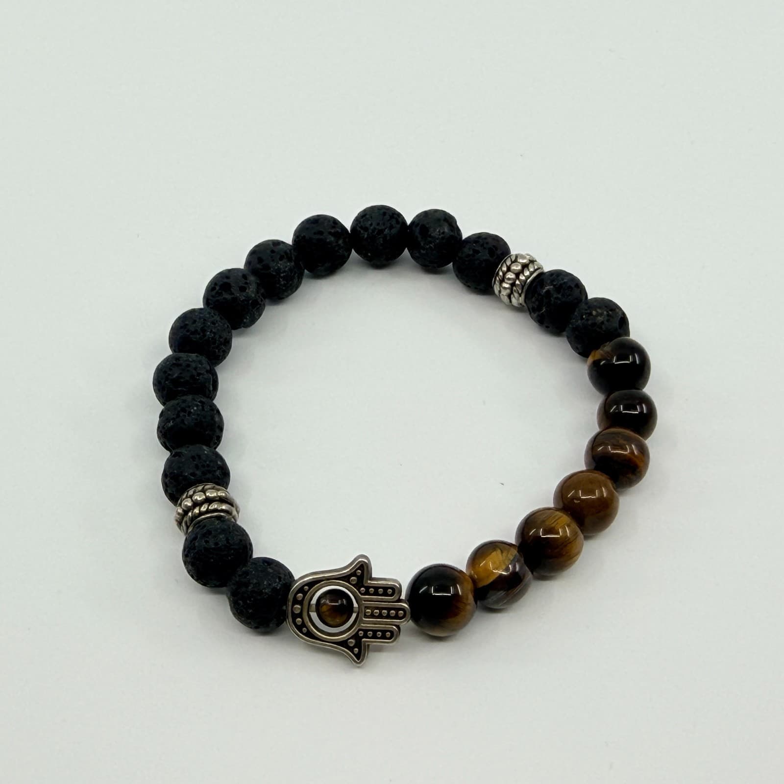 Vintage Silver Tone Hamsa Hand Stretch Bracelet Lava Rock Tiger Eye Tone Retro - Thumbnail 6