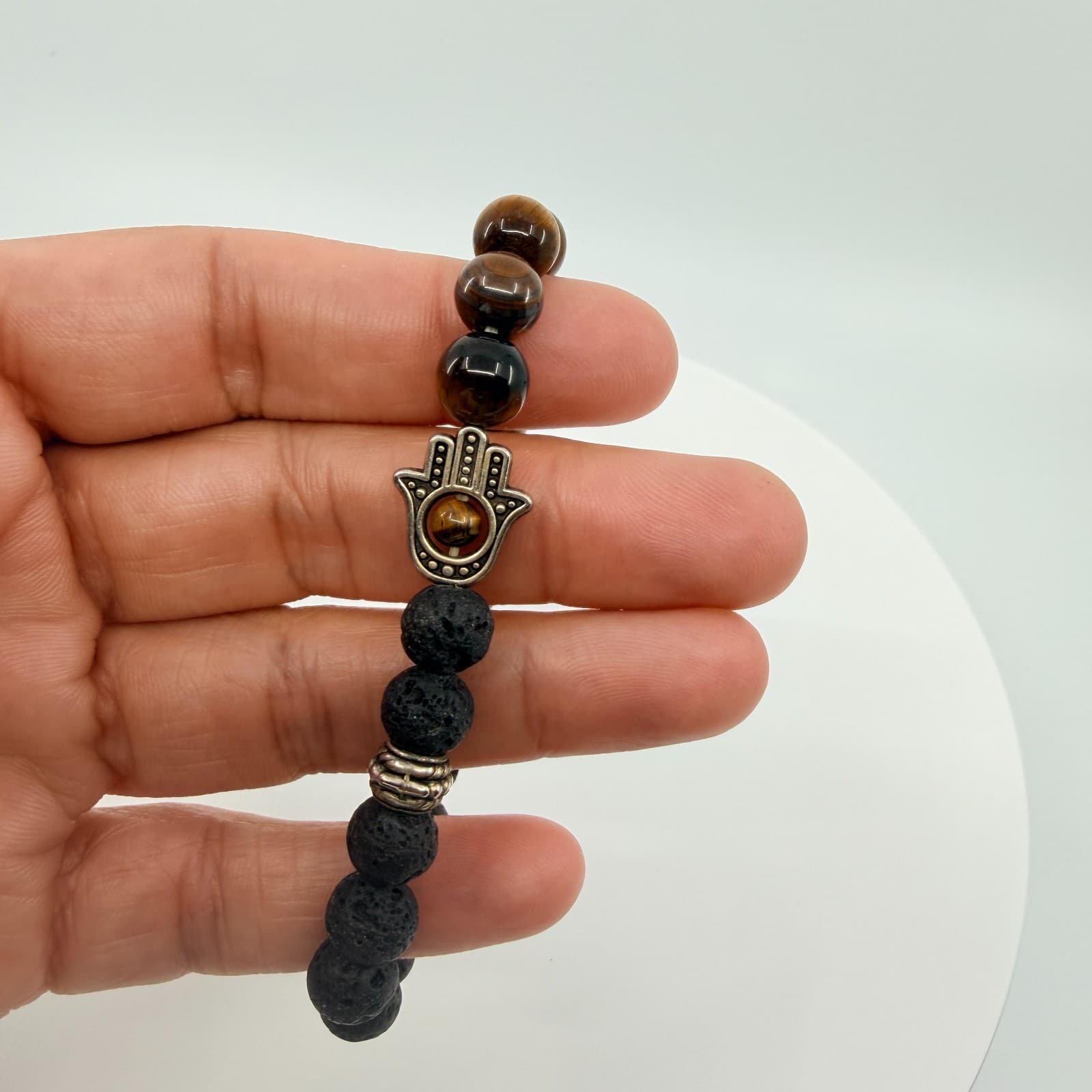 Vintage Silver Tone Hamsa Hand Stretch Bracelet Lava Rock Tiger Eye Tone Retro - Thumbnail 8