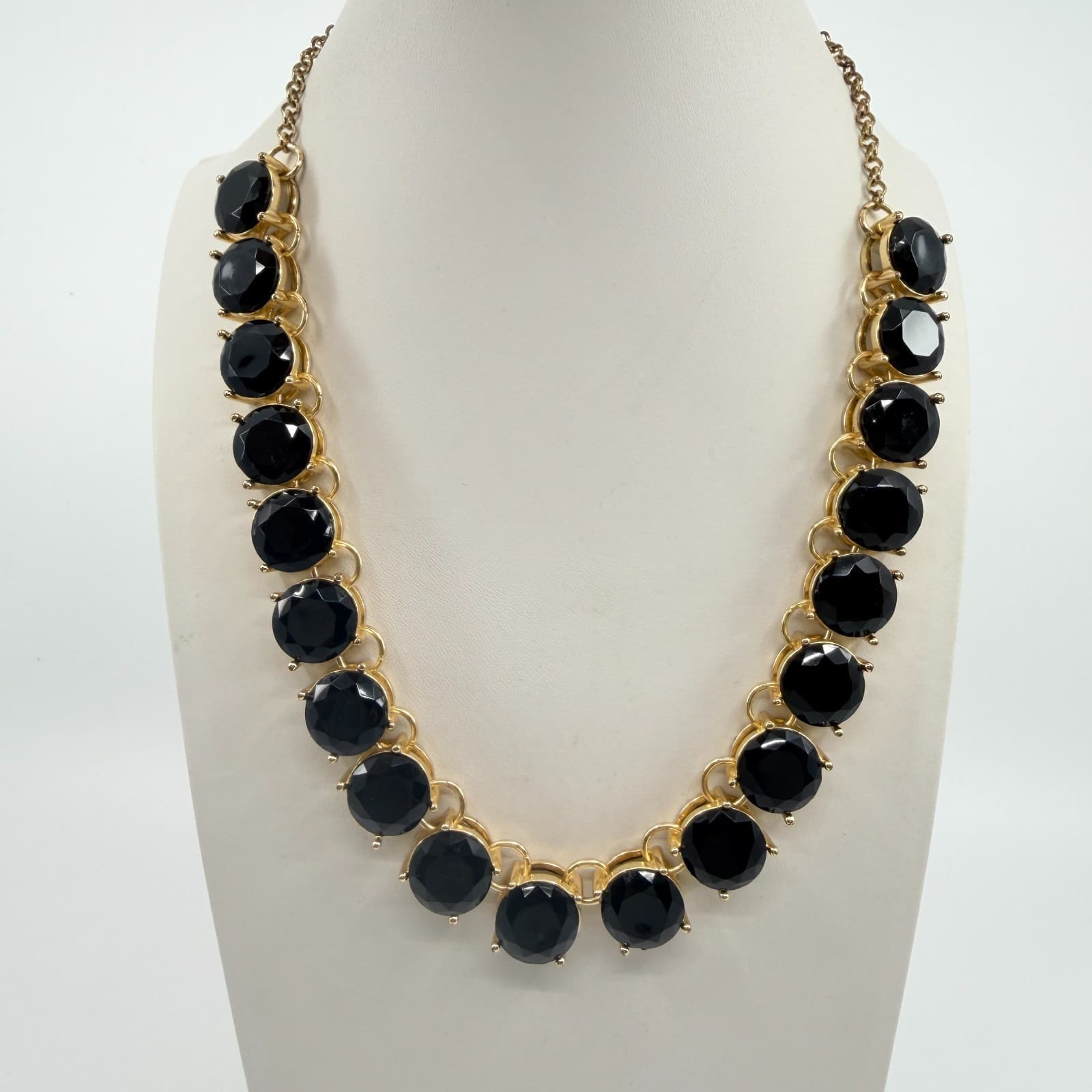 Vintage Gold Tone Bold Black Faceted Stone Statement Necklace Round Choker Retro - Thumbnail 2