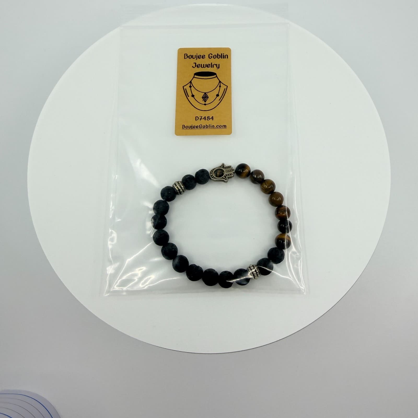 Vintage Silver Tone Hamsa Hand Stretch Bracelet Lava Rock Tiger Eye Tone Retro - Thumbnail 10