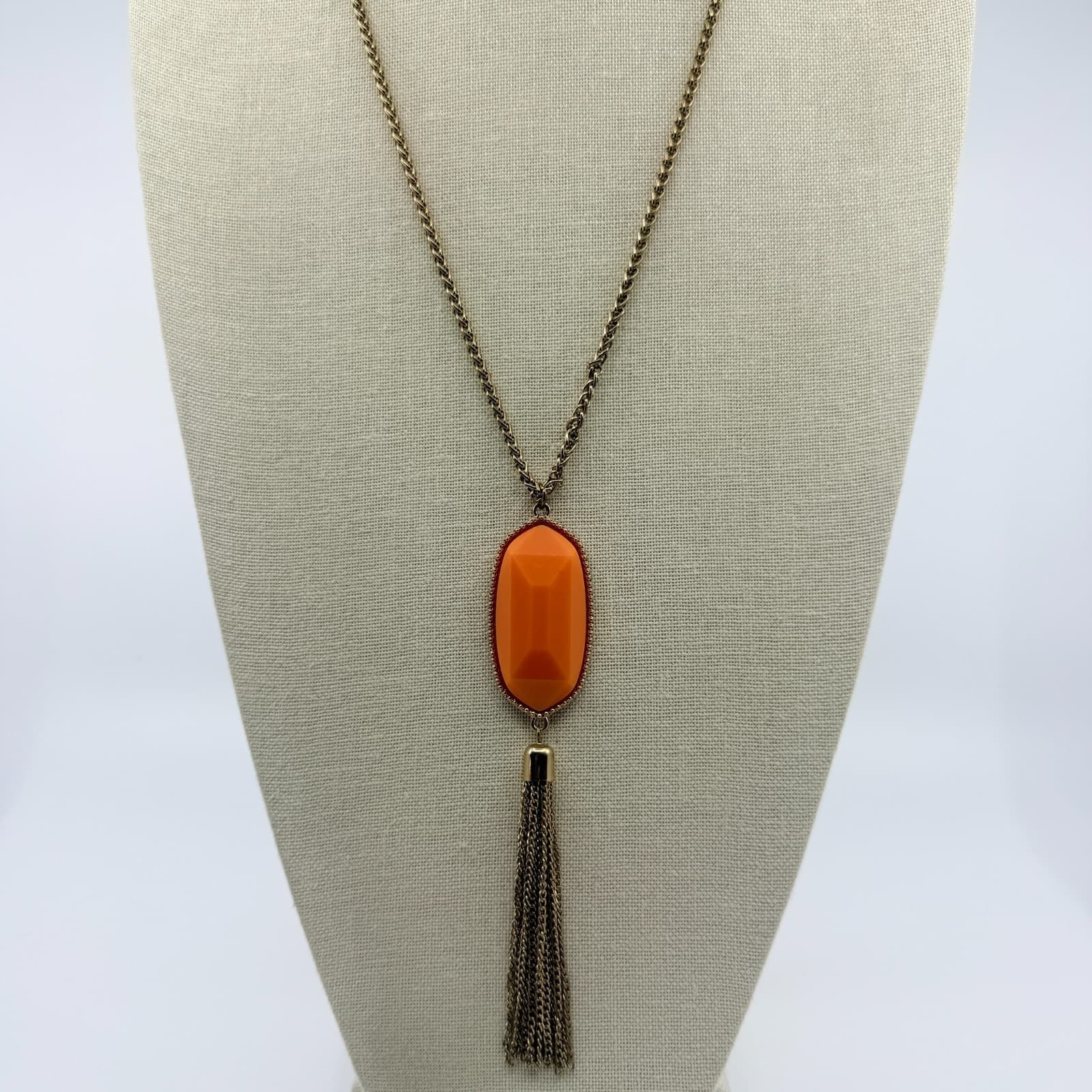 Vintage Gold Tone Orange Faceted Pendant Tassel Necklace Long Boho Statement 90s - Thumbnail 3