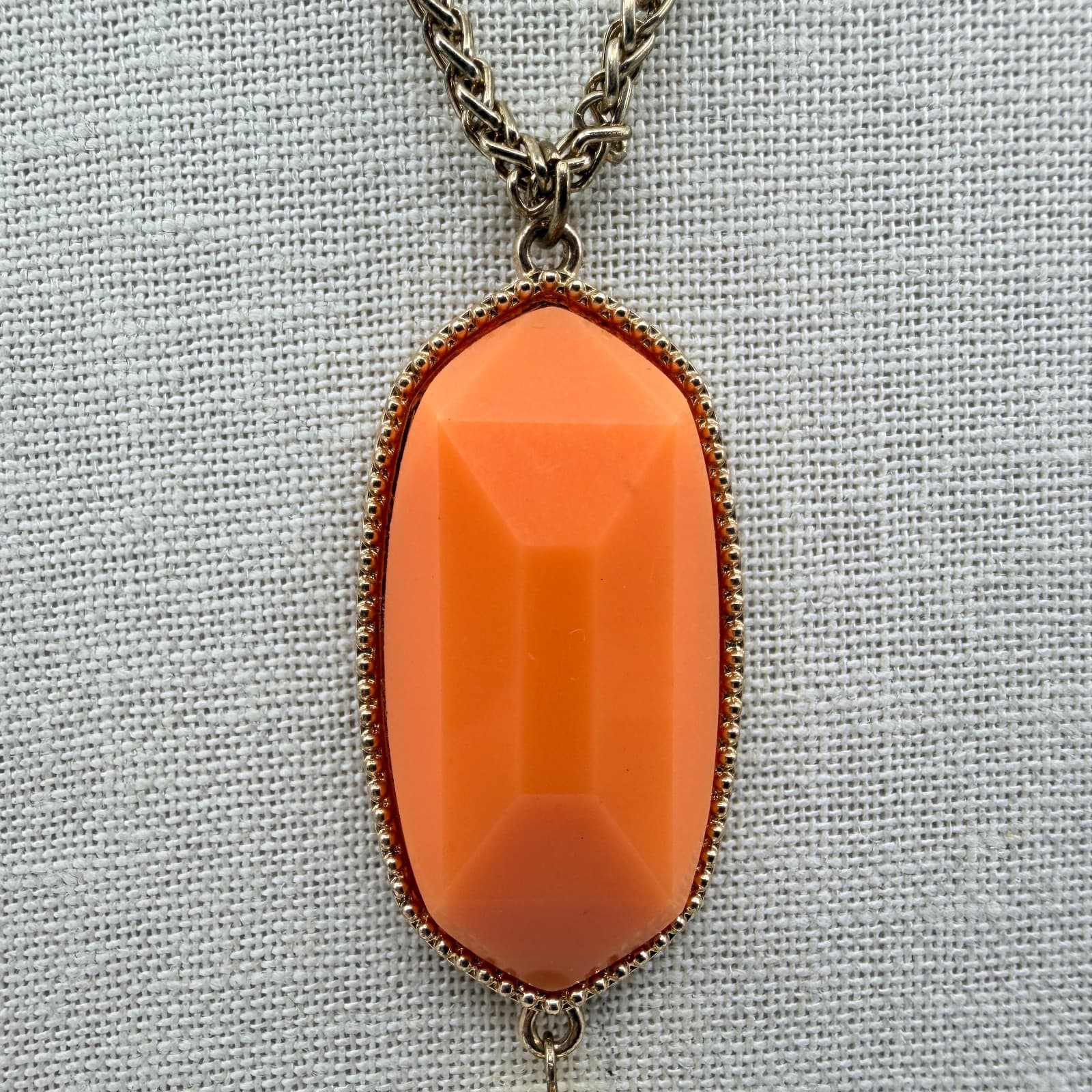 Vintage Gold Tone Orange Faceted Pendant Tassel Necklace Long Boho Statement 90s - Thumbnail 5