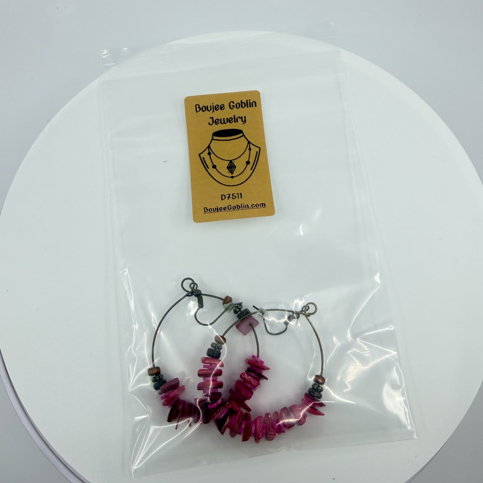 Vintage Antique Gold Tone Pink Iridescent Hoop Earrings Large Beaded Boho - Thumbnail 8
