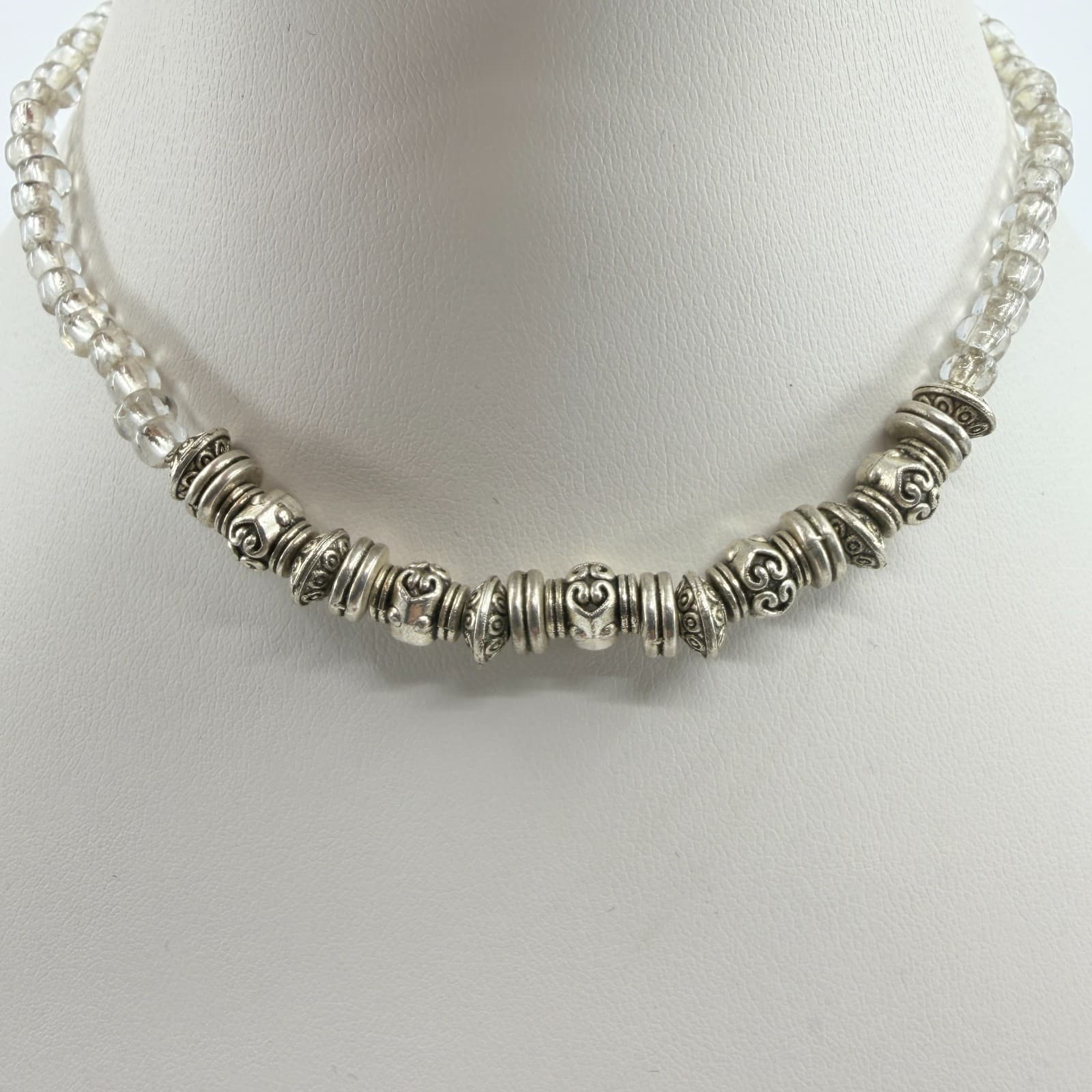 Vintage Silver Tone Beaded Statement Necklace Clear Crystal Glass Retro Boho - Thumbnail 2