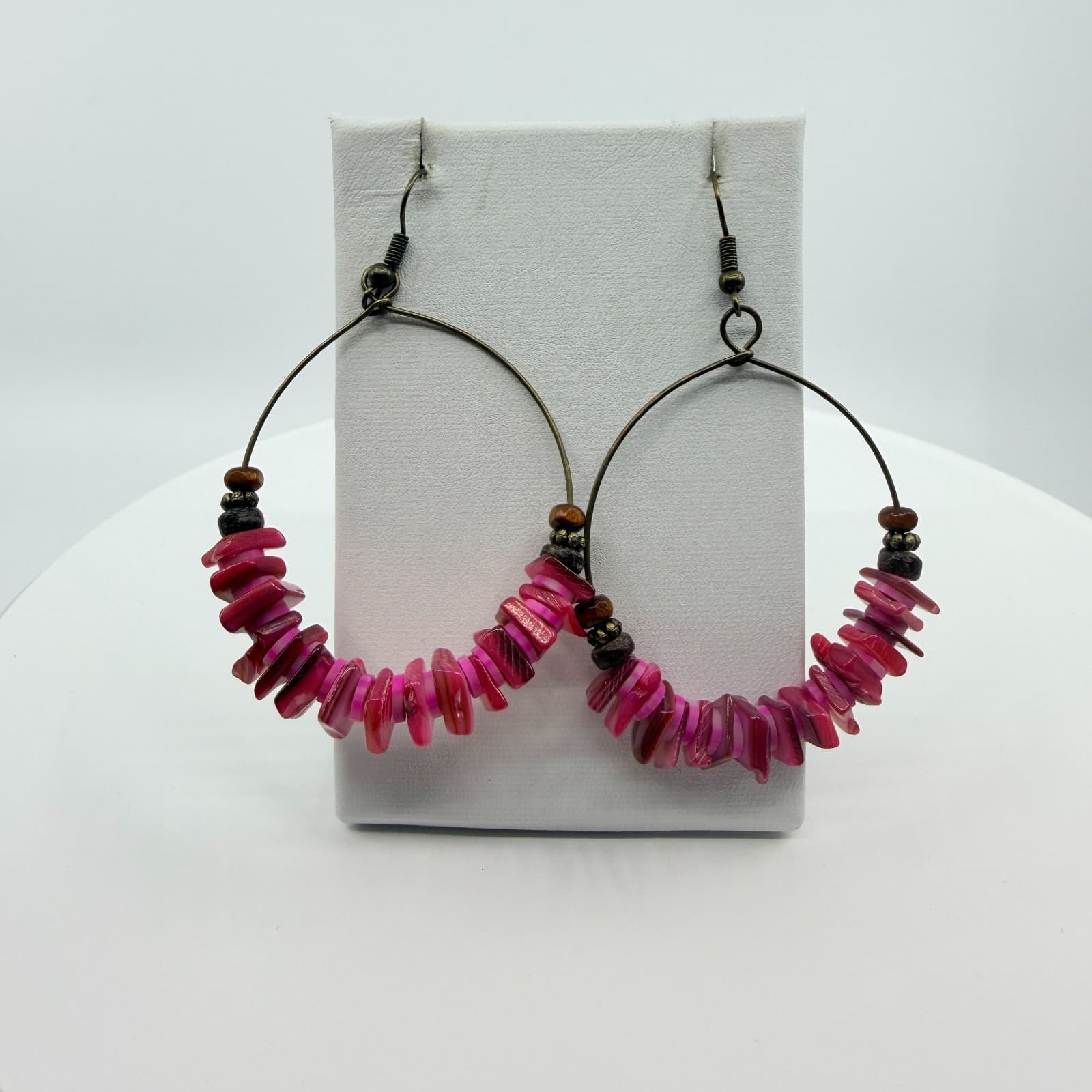 Vintage Antique Gold Tone Pink Iridescent Hoop Earrings Large Beaded Boho - Thumbnail 5