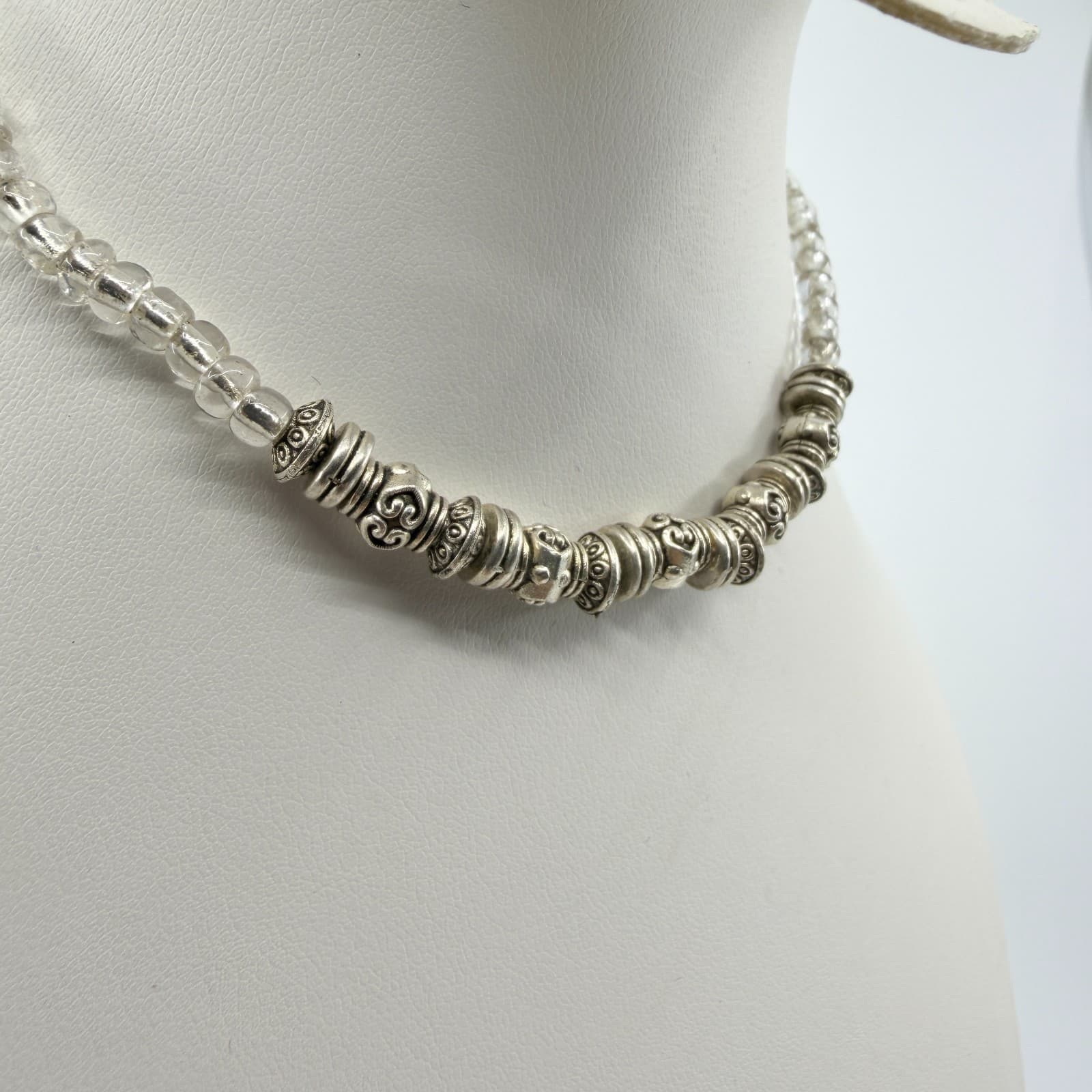 Vintage Silver Tone Beaded Statement Necklace Clear Crystal Glass Retro Boho - Thumbnail 5