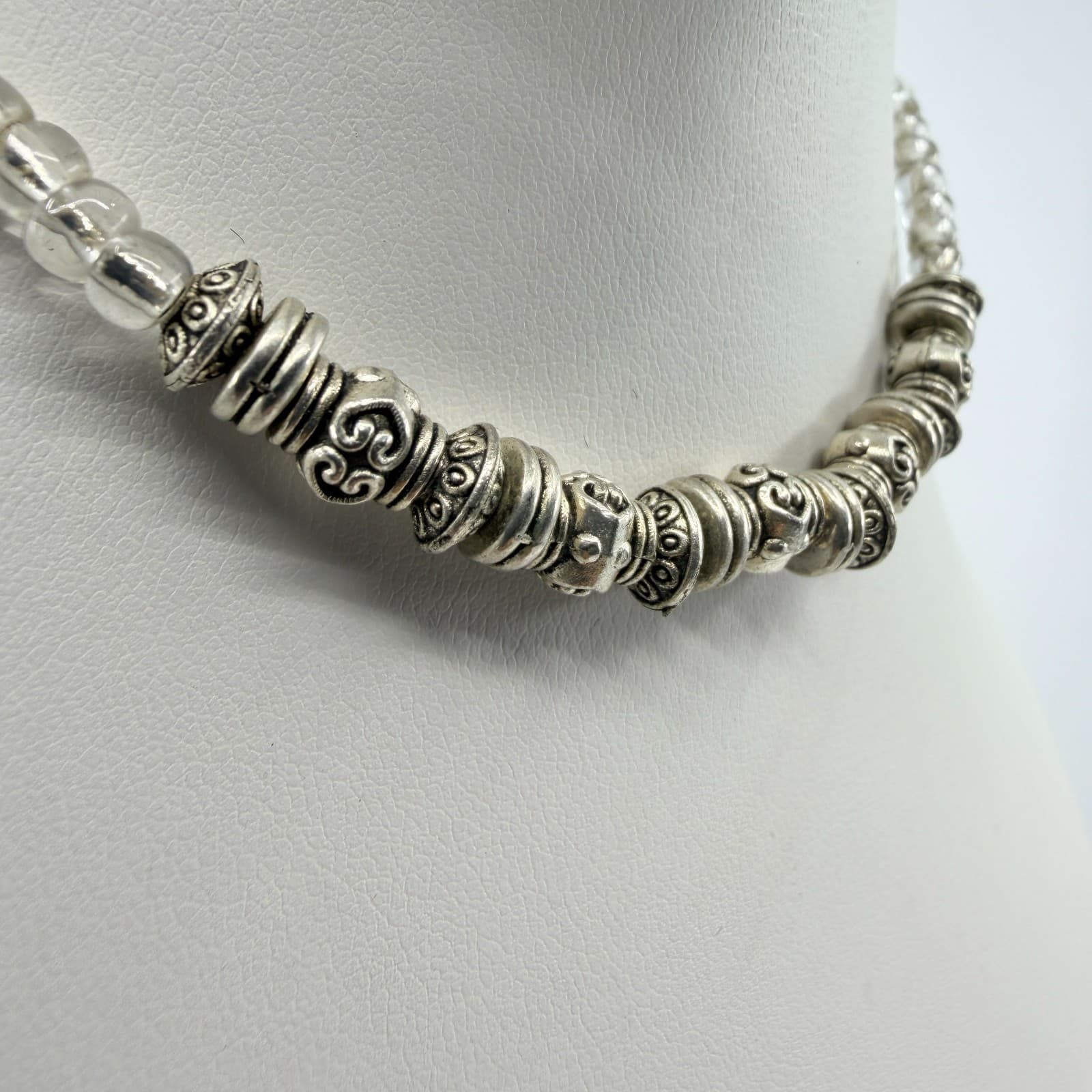 Vintage Silver Tone Beaded Statement Necklace Clear Crystal Glass Retro Boho - Thumbnail 4