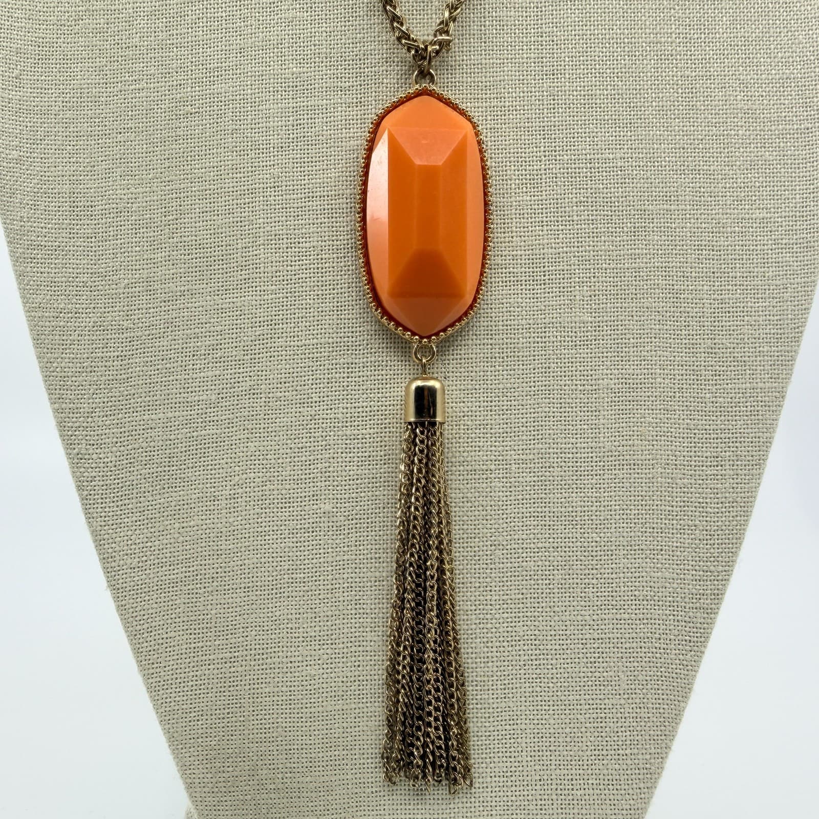 Vintage Gold Tone Orange Faceted Pendant Tassel Necklace Long Boho Statement 90s - Thumbnail 6