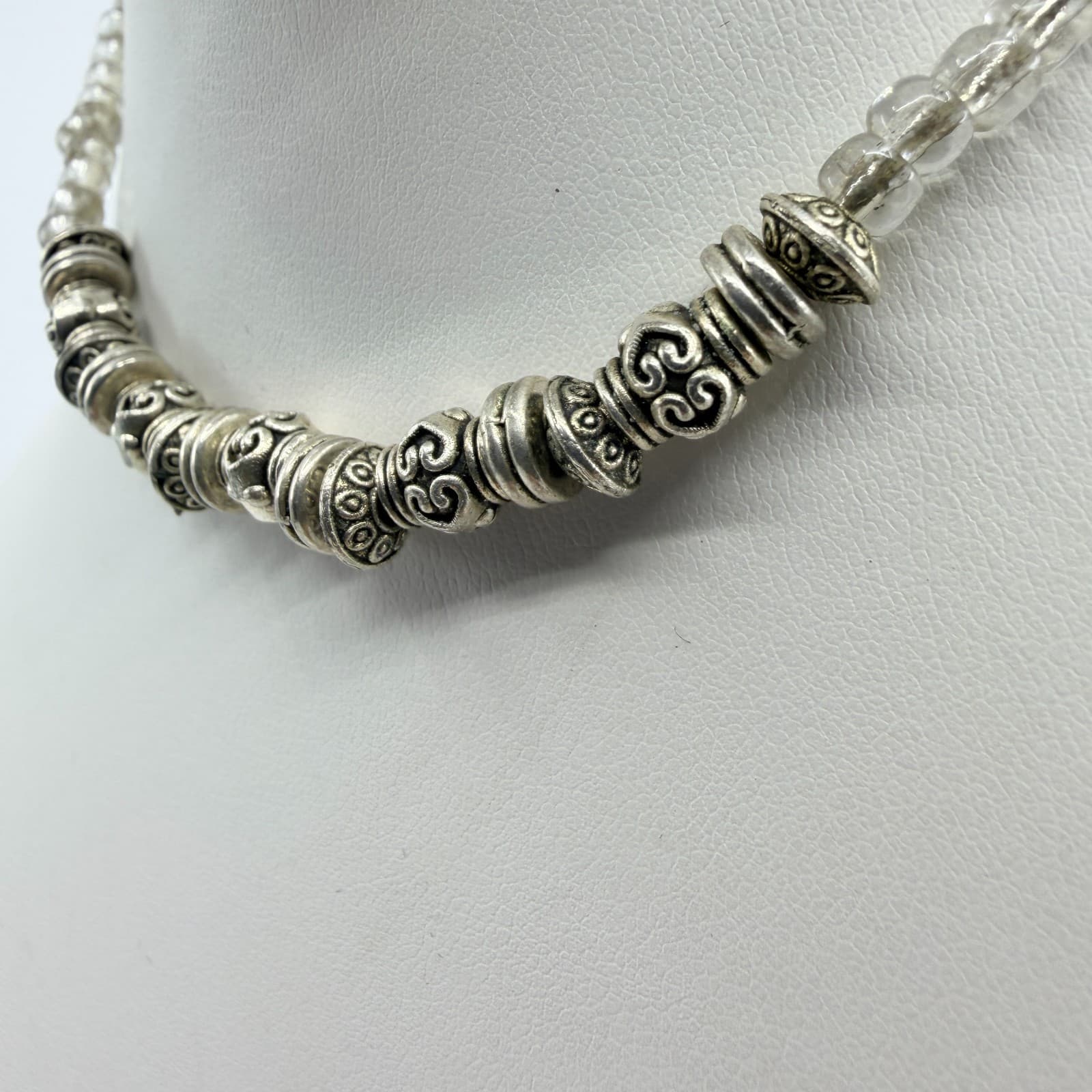 Vintage Silver Tone Beaded Statement Necklace Clear Crystal Glass Retro Boho - Thumbnail 6