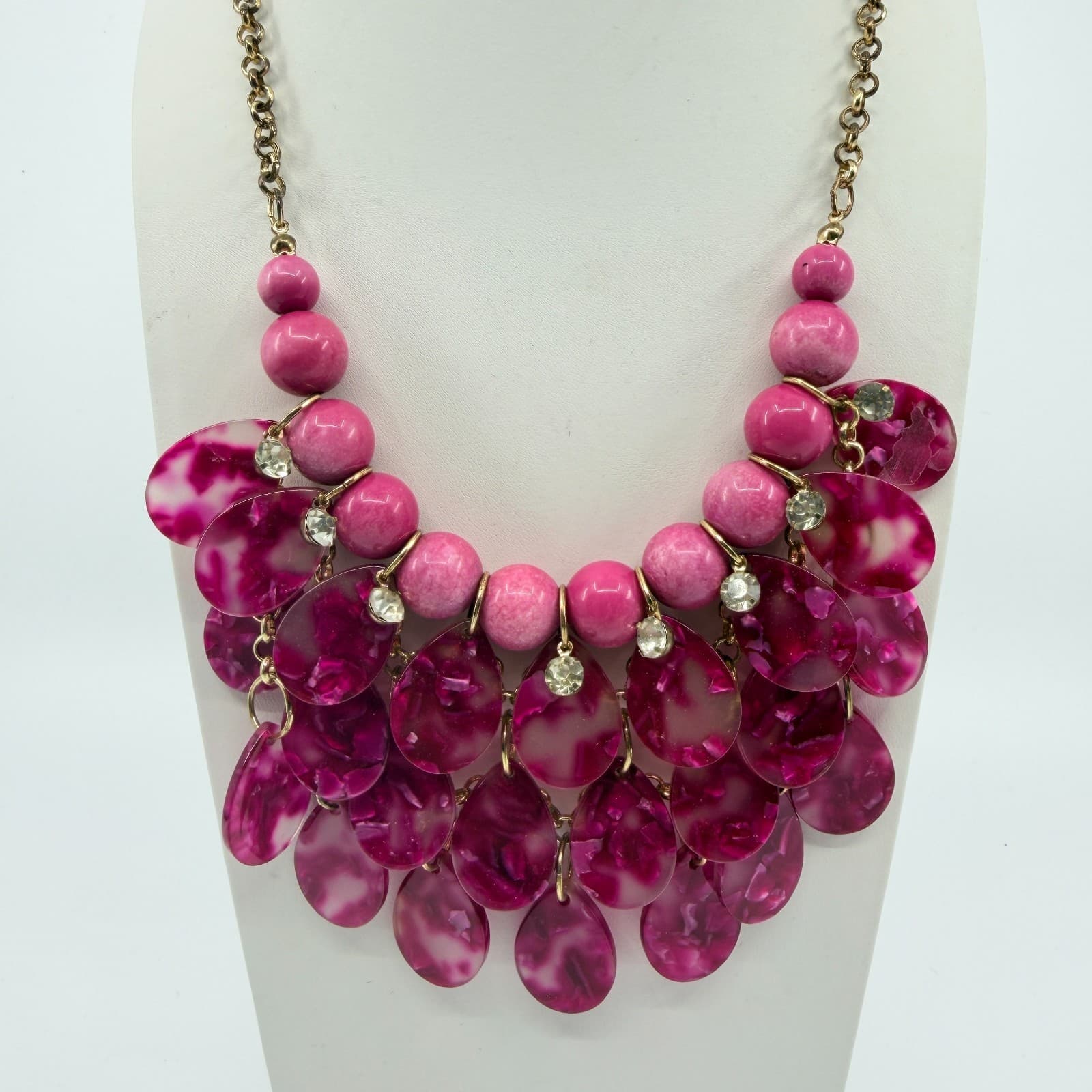 Vintage Gold Tone Pink Fuschia Bib Statement Necklace Bold Chunky Rhinestone Y2K - Thumbnail 2
