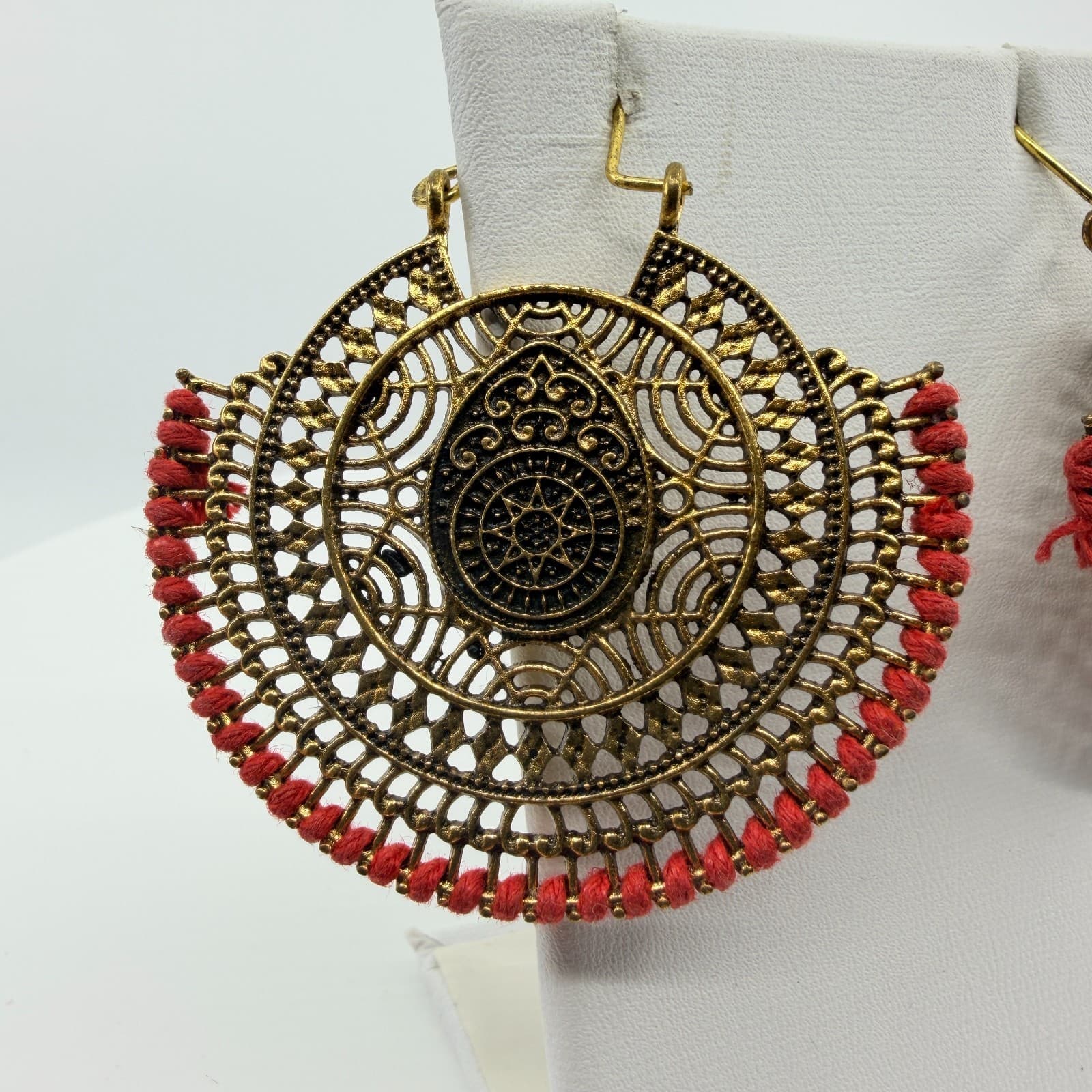 Vintage Statement Gold Tone Red Filigree Drop Earrings Large Statement Boho 90's - Thumbnail 2