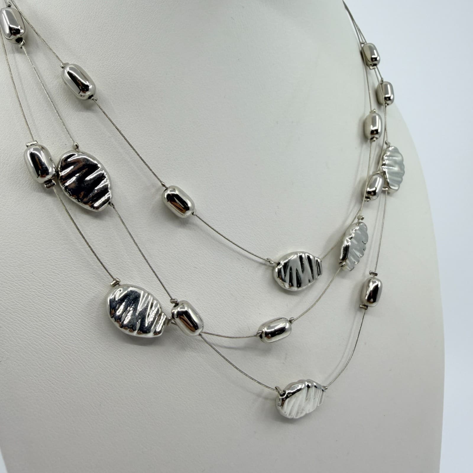 Vintage Silver Tone Multi Strand Floating Bead Necklace Statement Layered Boho - Thumbnail 5