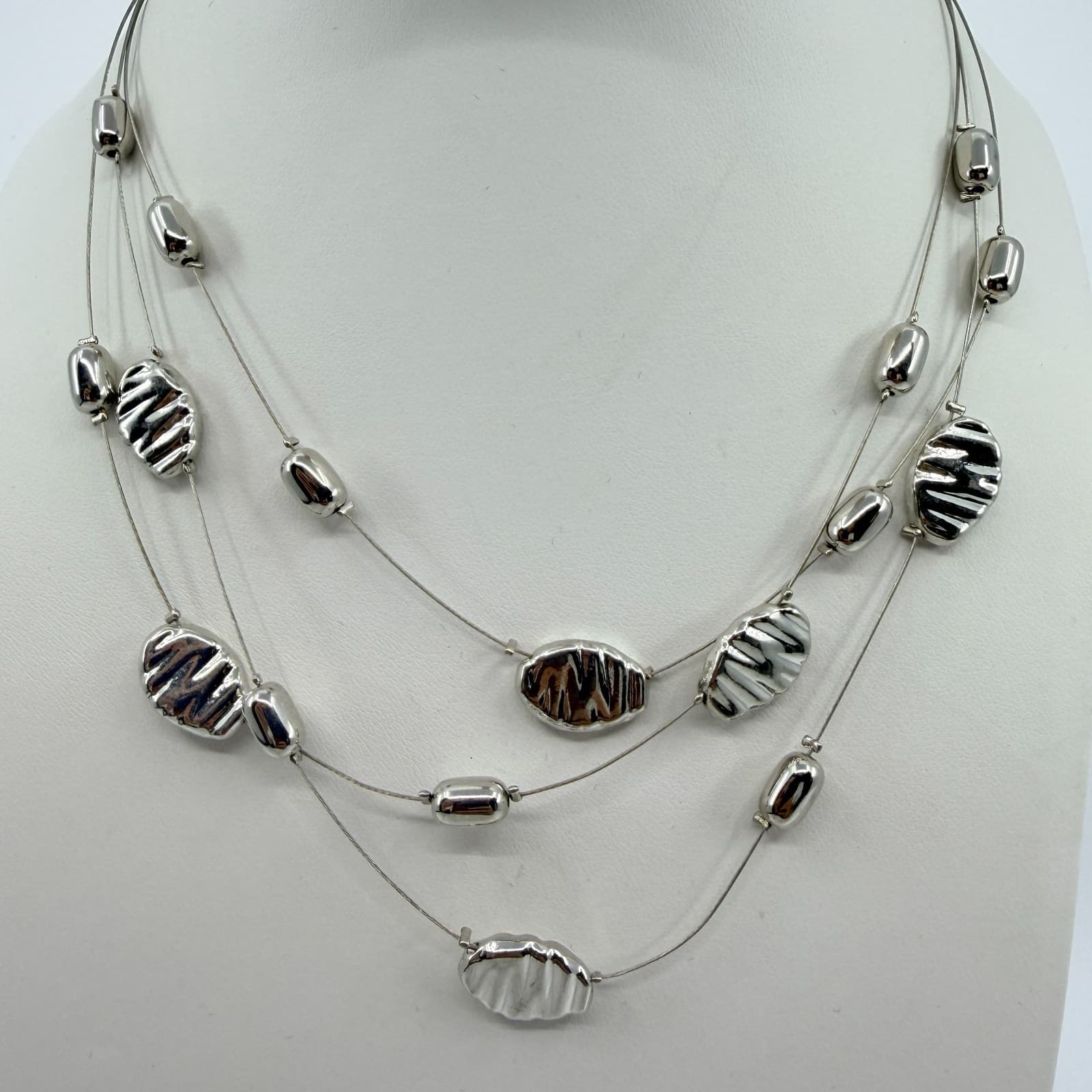 Vintage Silver Tone Multi Strand Floating Bead Necklace Statement Layered Boho - Thumbnail 2