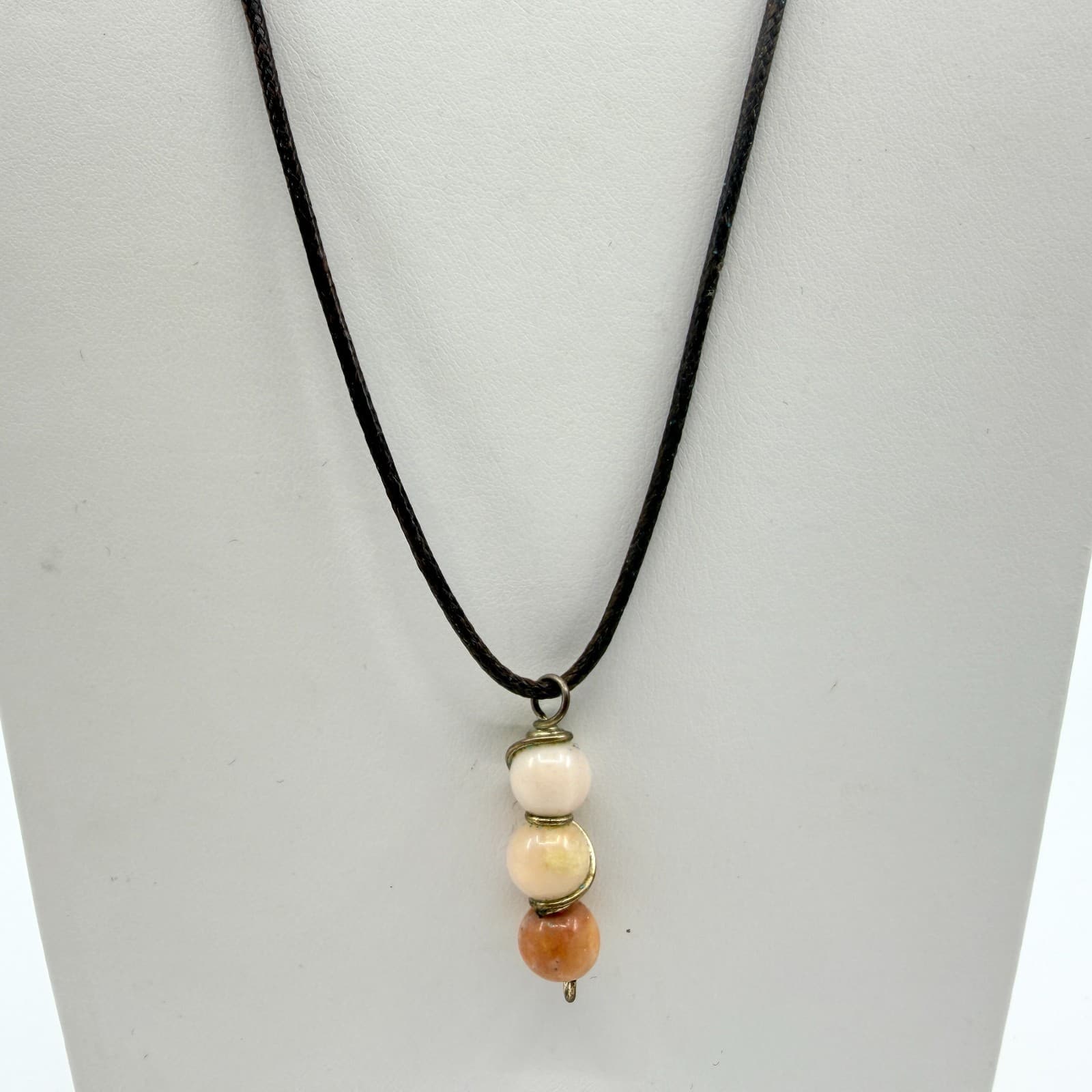 Vintage Gold Tone Three Bead Pendant Necklace Black Cord Minimalist Boho Retro - Thumbnail 2