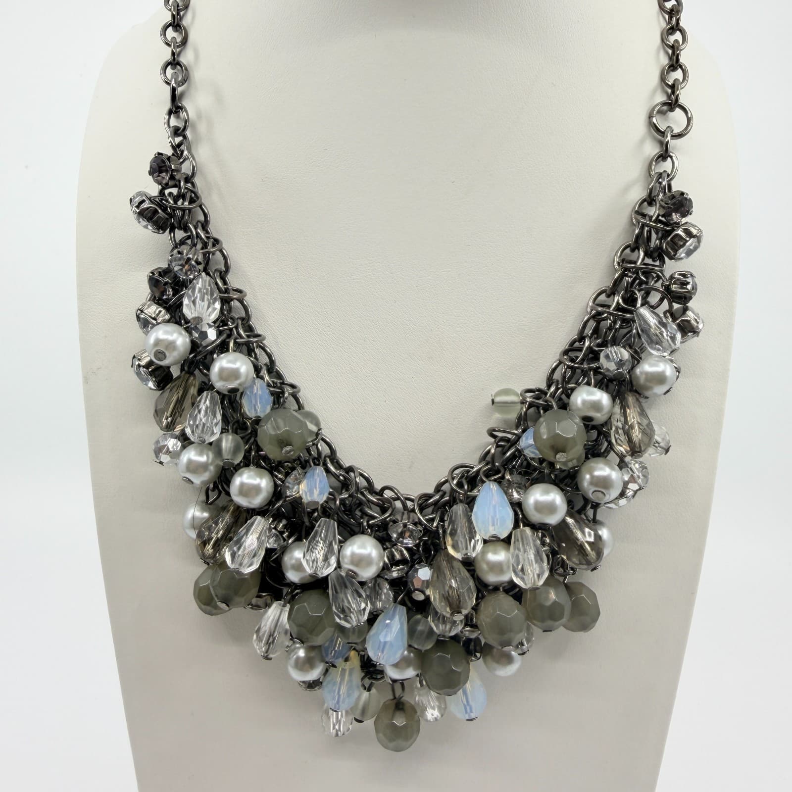 Vintage Gunmetal Tone Cluster Bib Statement Necklace Gray Faux Pearl Crystal 90s - Thumbnail 2