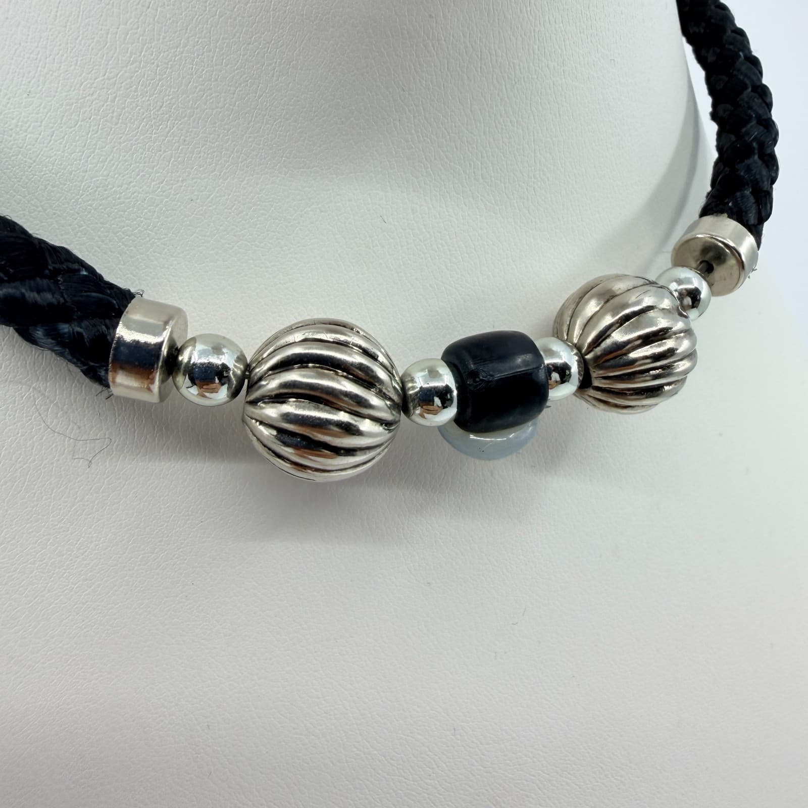 Vintage Black Braided Cord Statement Necklace Silver Tone Melon Beads Bold 90s - Thumbnail 2
