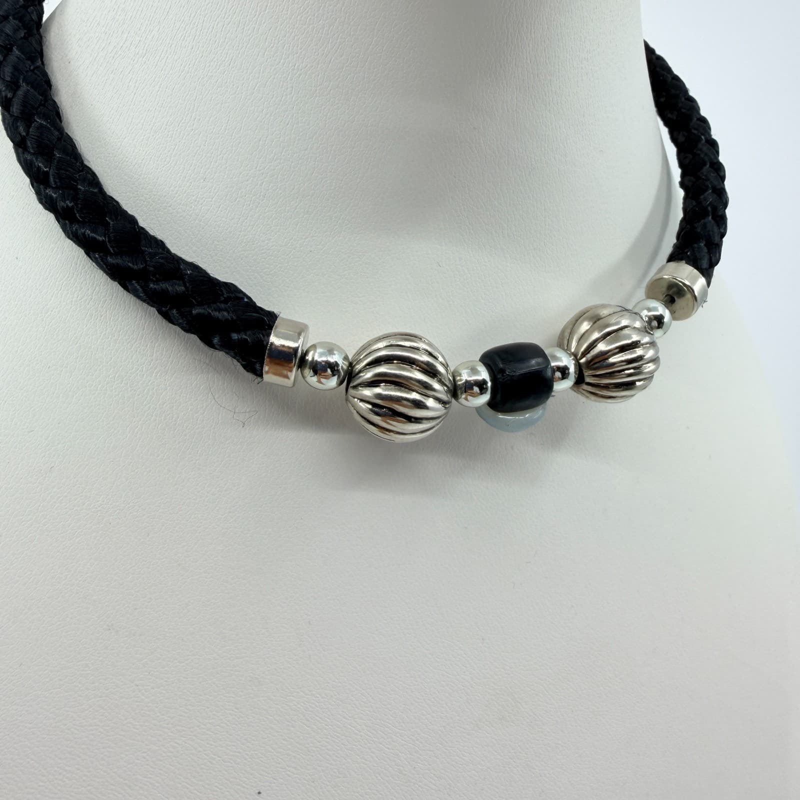Vintage Black Braided Cord Statement Necklace Silver Tone Melon Beads Bold 90s - Thumbnail 3