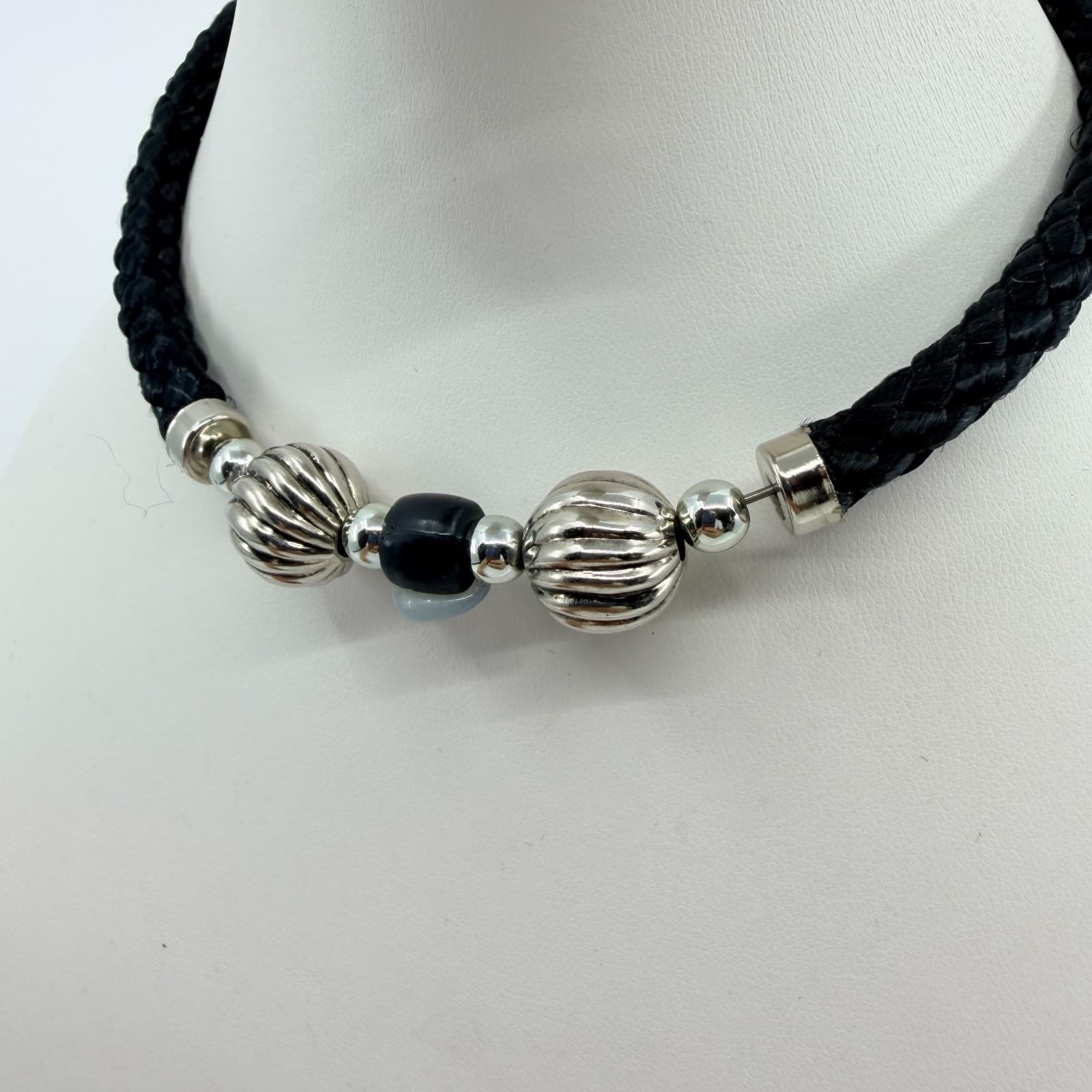 Vintage Black Braided Cord Statement Necklace Silver Tone Melon Beads Bold 90s - Thumbnail 4