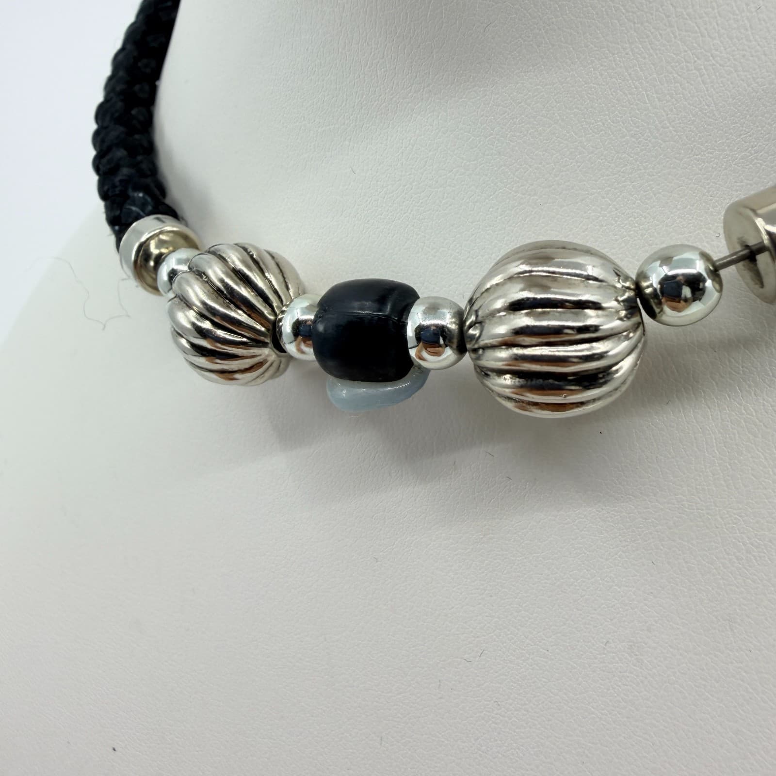 Vintage Black Braided Cord Statement Necklace Silver Tone Melon Beads Bold 90s - Thumbnail 5