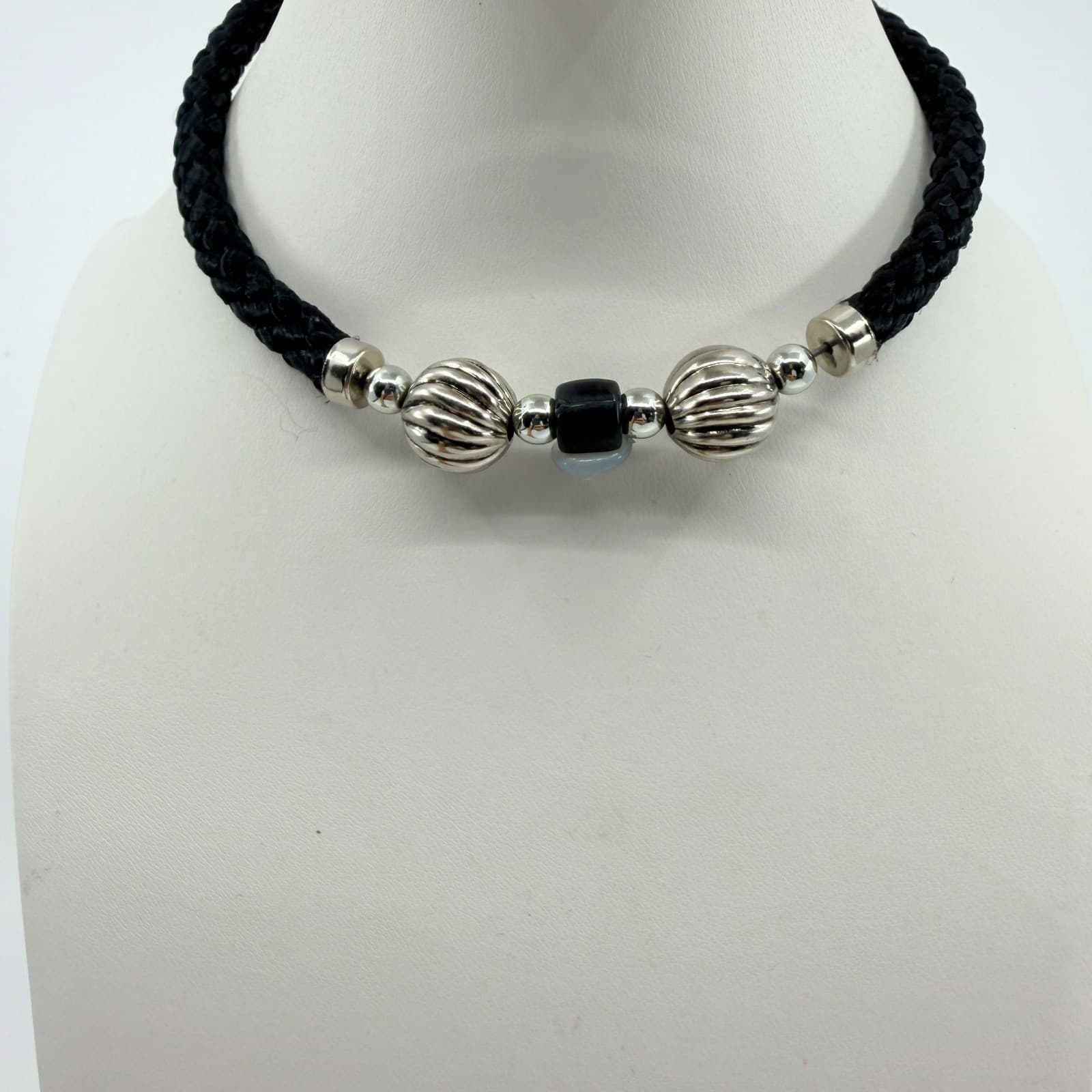 Vintage Black Braided Cord Statement Necklace Silver Tone Melon Beads Bold 90s - Thumbnail 6
