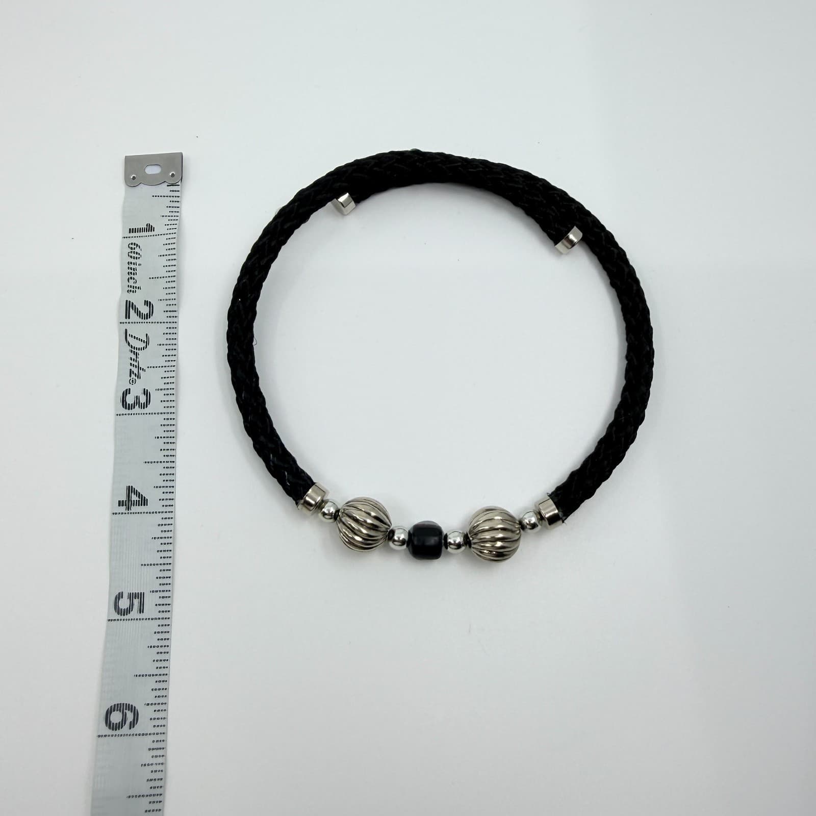 Vintage Black Braided Cord Statement Necklace Silver Tone Melon Beads Bold 90s - Thumbnail 7