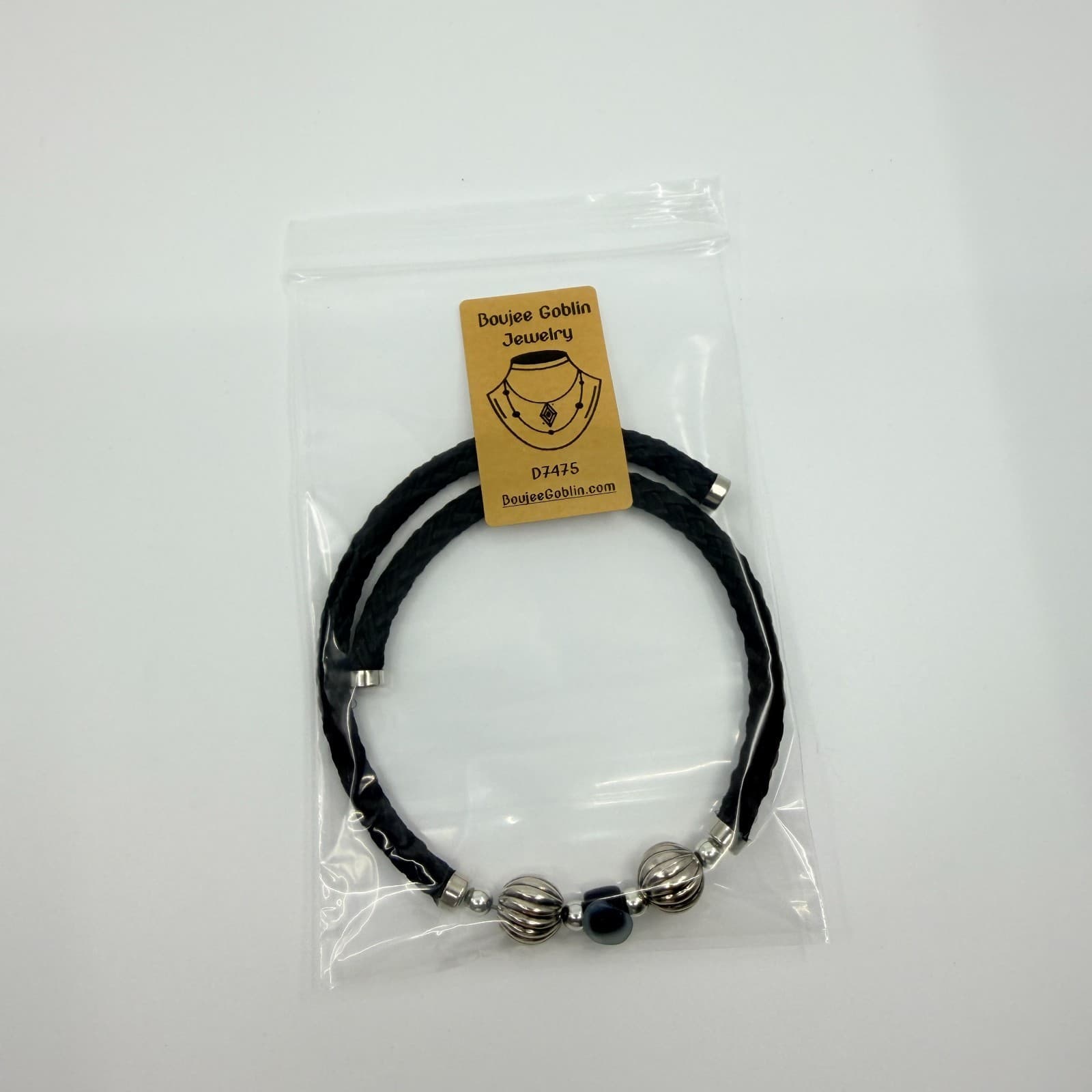 Vintage Black Braided Cord Statement Necklace Silver Tone Melon Beads Bold 90s - Thumbnail 8