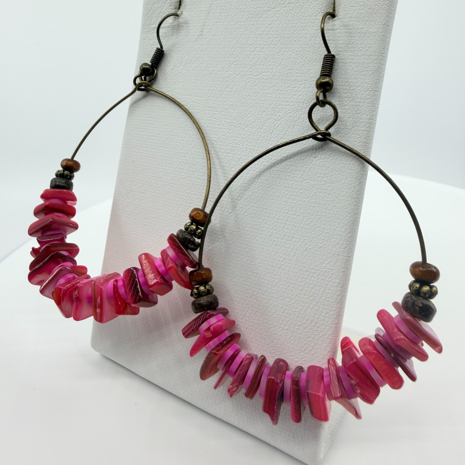 Vintage Antique Gold Tone Pink Iridescent Hoop Earrings Large Beaded Boho - Thumbnail 4