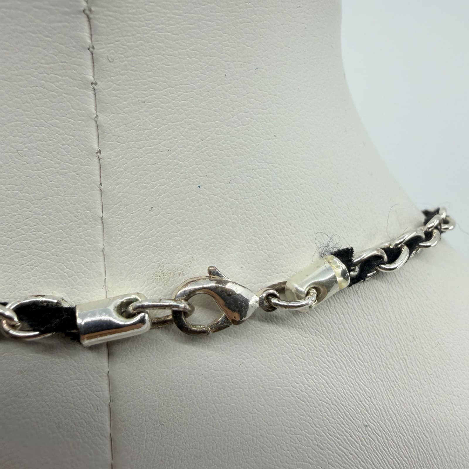 Vintage Silver Tone Black Cabochon Pendant Necklace Woven Chain Retro Boho - Thumbnail 4