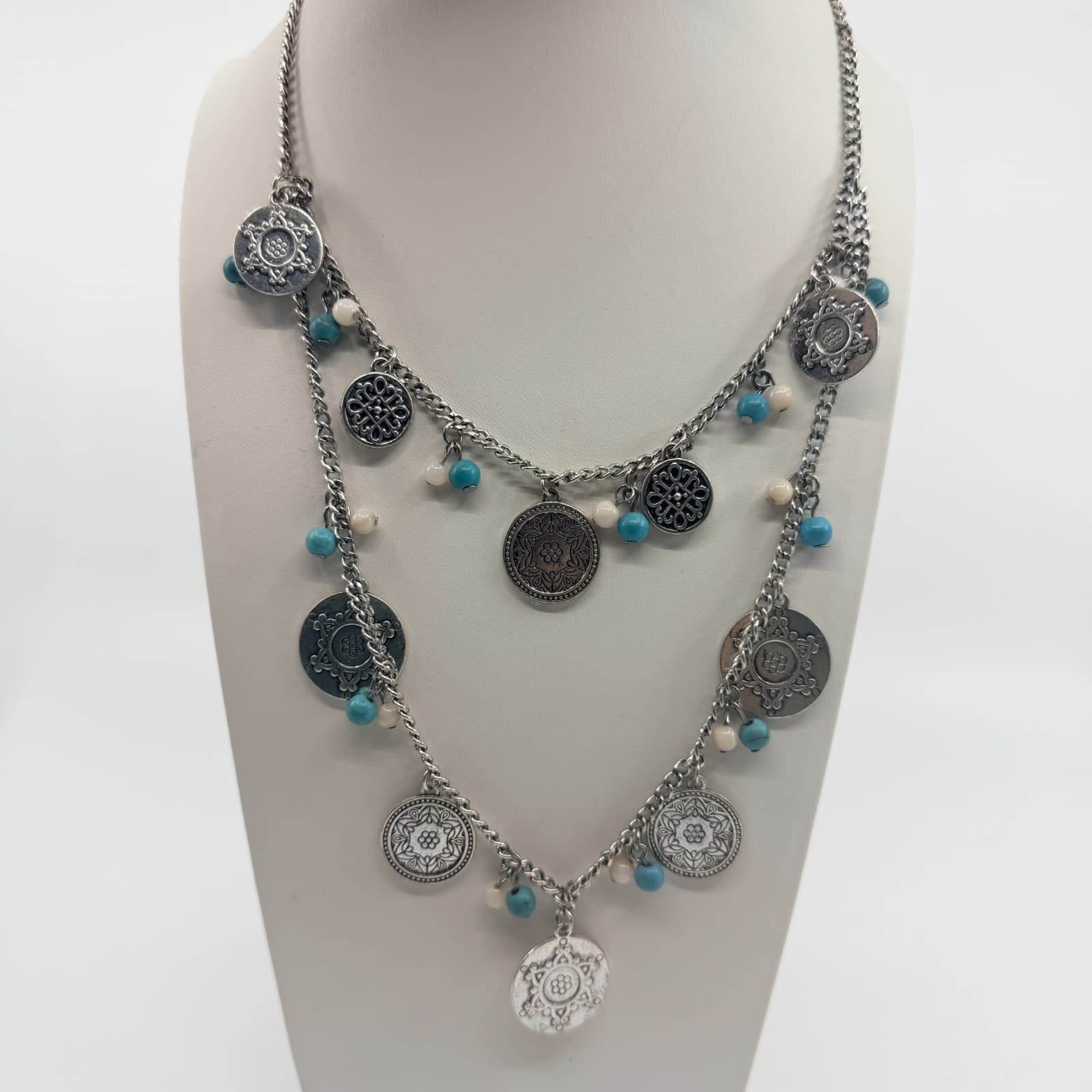 Vintage Silver Tone Boho Layered Statement Necklace Turquoise Color Beaded Coin - Thumbnail 8