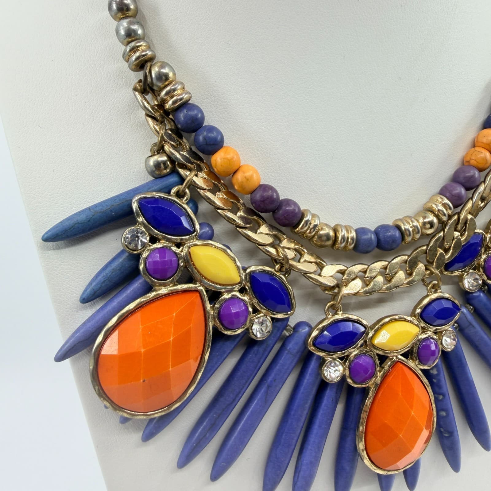 Vintage Gold Tone Bold Multi Color Spike Bib Statement Necklace Chunky Boho 90s - Thumbnail 3
