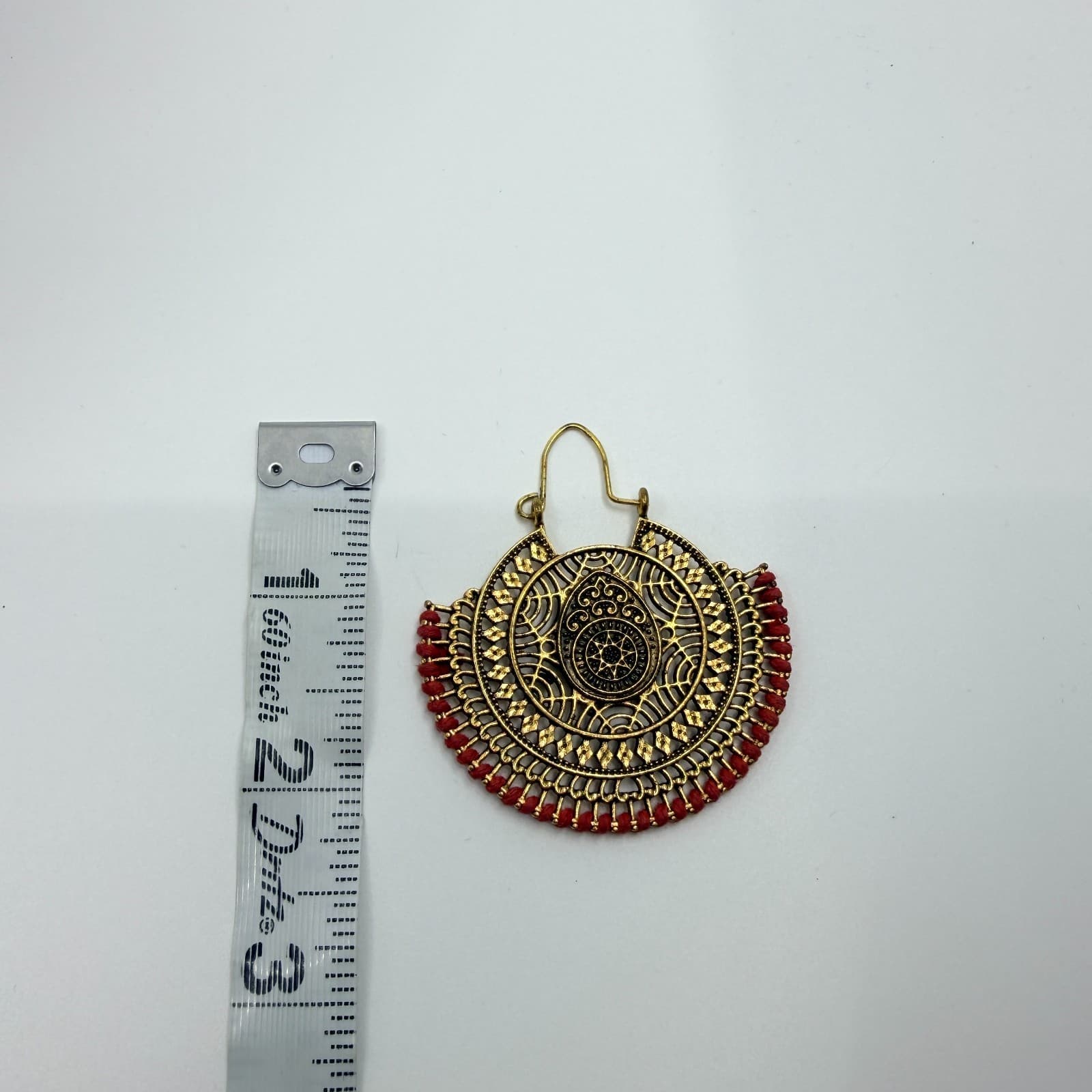Vintage Statement Gold Tone Red Filigree Drop Earrings Large Statement Boho 90's - Thumbnail 7