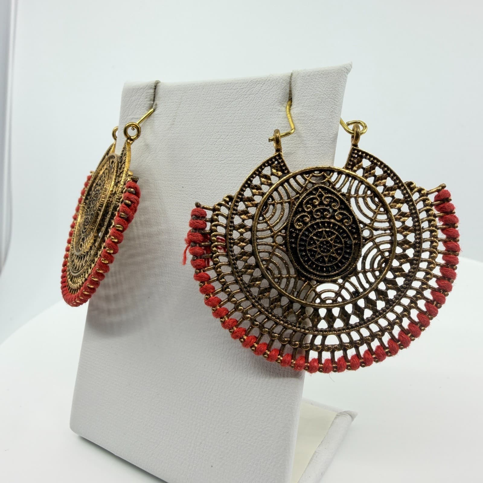 Vintage Statement Gold Tone Red Filigree Drop Earrings Large Statement Boho 90's - Thumbnail 3
