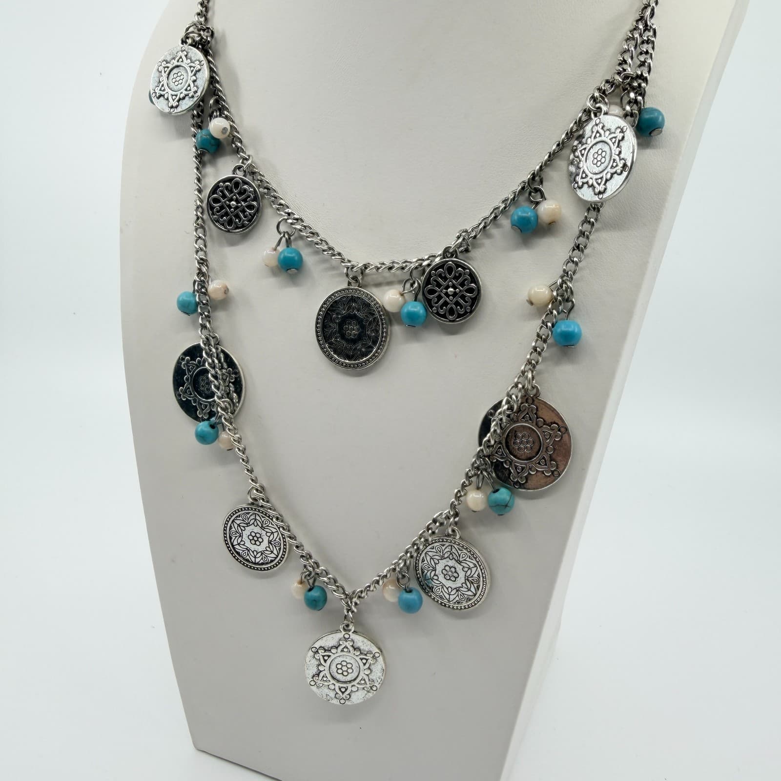 Vintage Silver Tone Boho Layered Statement Necklace Turquoise Color Beaded Coin - Thumbnail 6