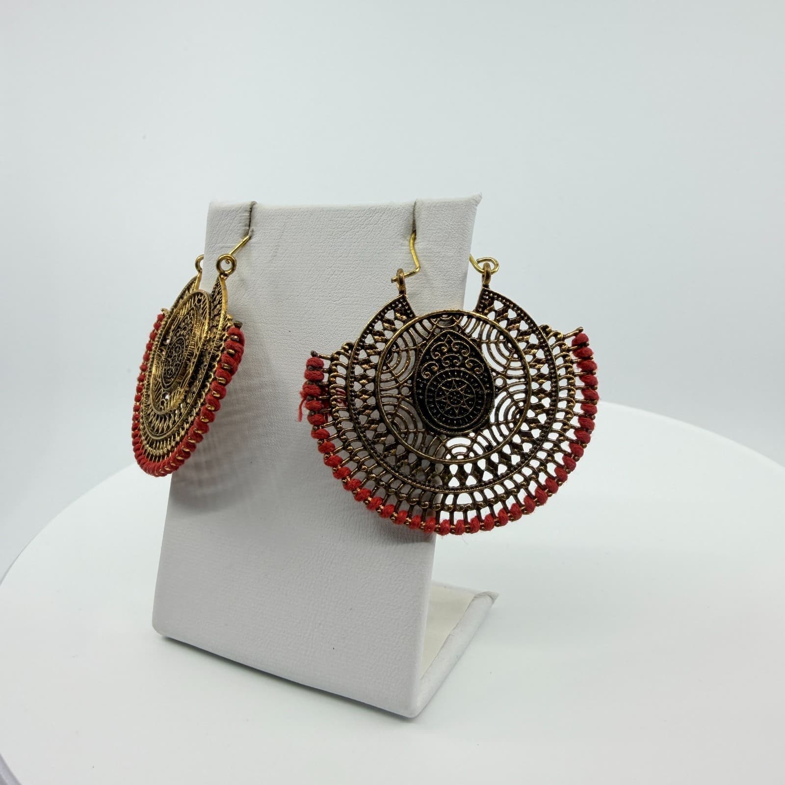Vintage Statement Gold Tone Red Filigree Drop Earrings Large Statement Boho 90's - Thumbnail 4