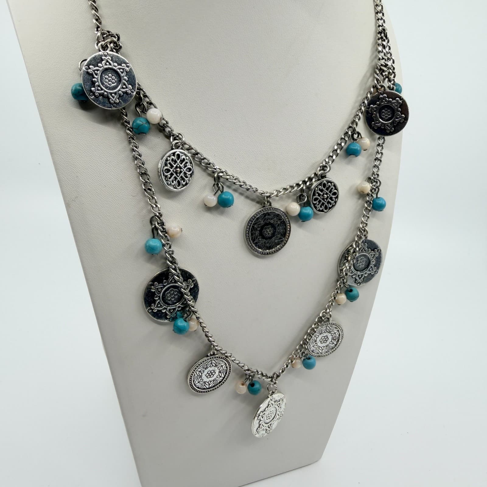 Vintage Silver Tone Boho Layered Statement Necklace Turquoise Color Beaded Coin - Thumbnail 5