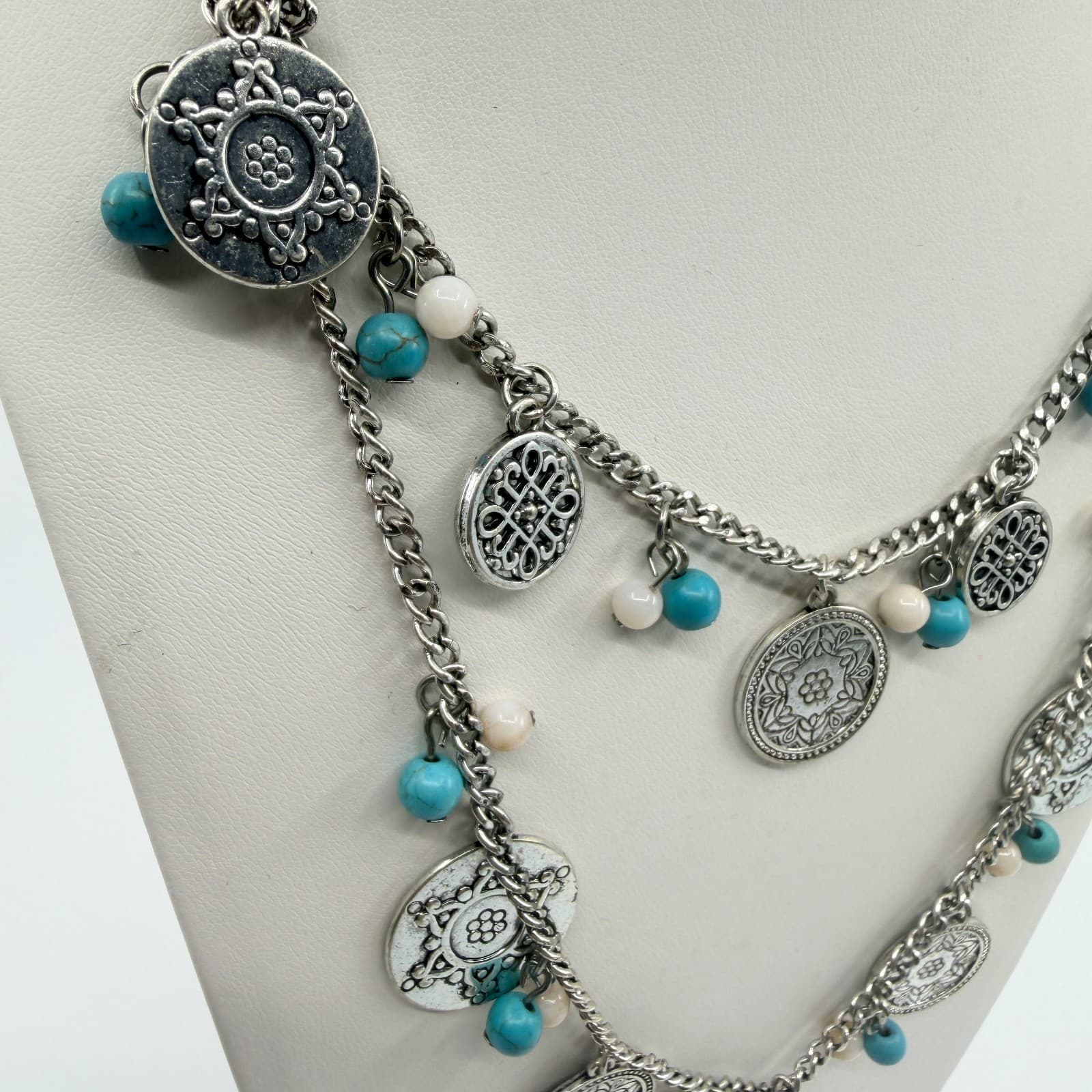 Vintage Silver Tone Boho Layered Statement Necklace Turquoise Color Beaded Coin - Thumbnail 4