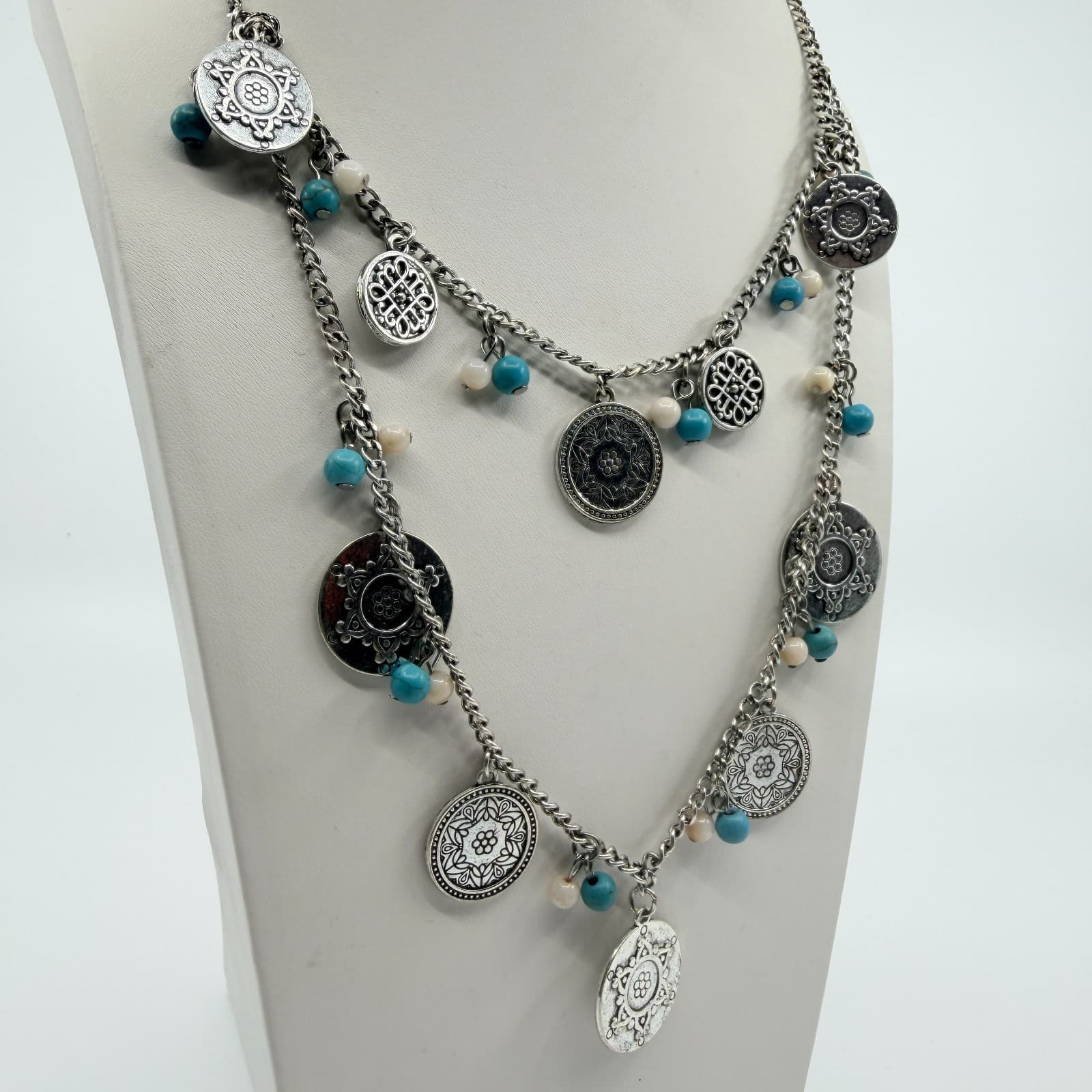 Vintage Silver Tone Boho Layered Statement Necklace Turquoise Color Beaded Coin - Thumbnail 3