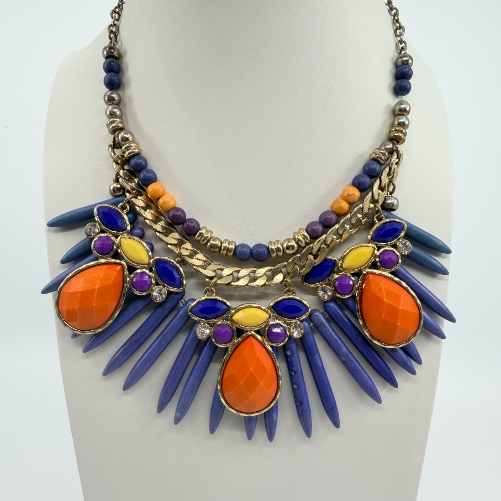 Vintage Gold Tone Bold Multi Color Spike Bib Statement Necklace Chunky Boho 90s - Thumbnail 2