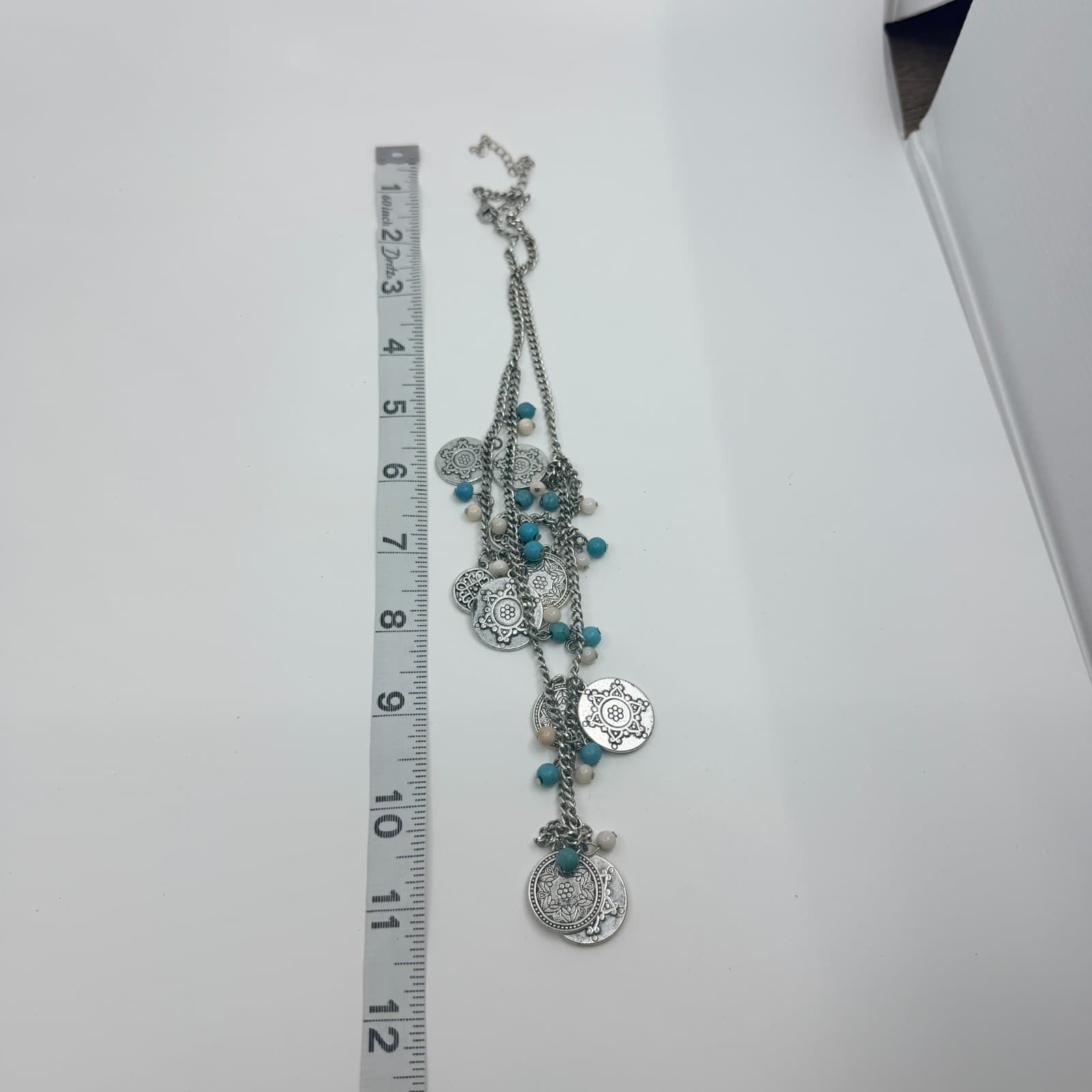 Vintage Silver Tone Boho Layered Statement Necklace Turquoise Color Beaded Coin - Thumbnail 12