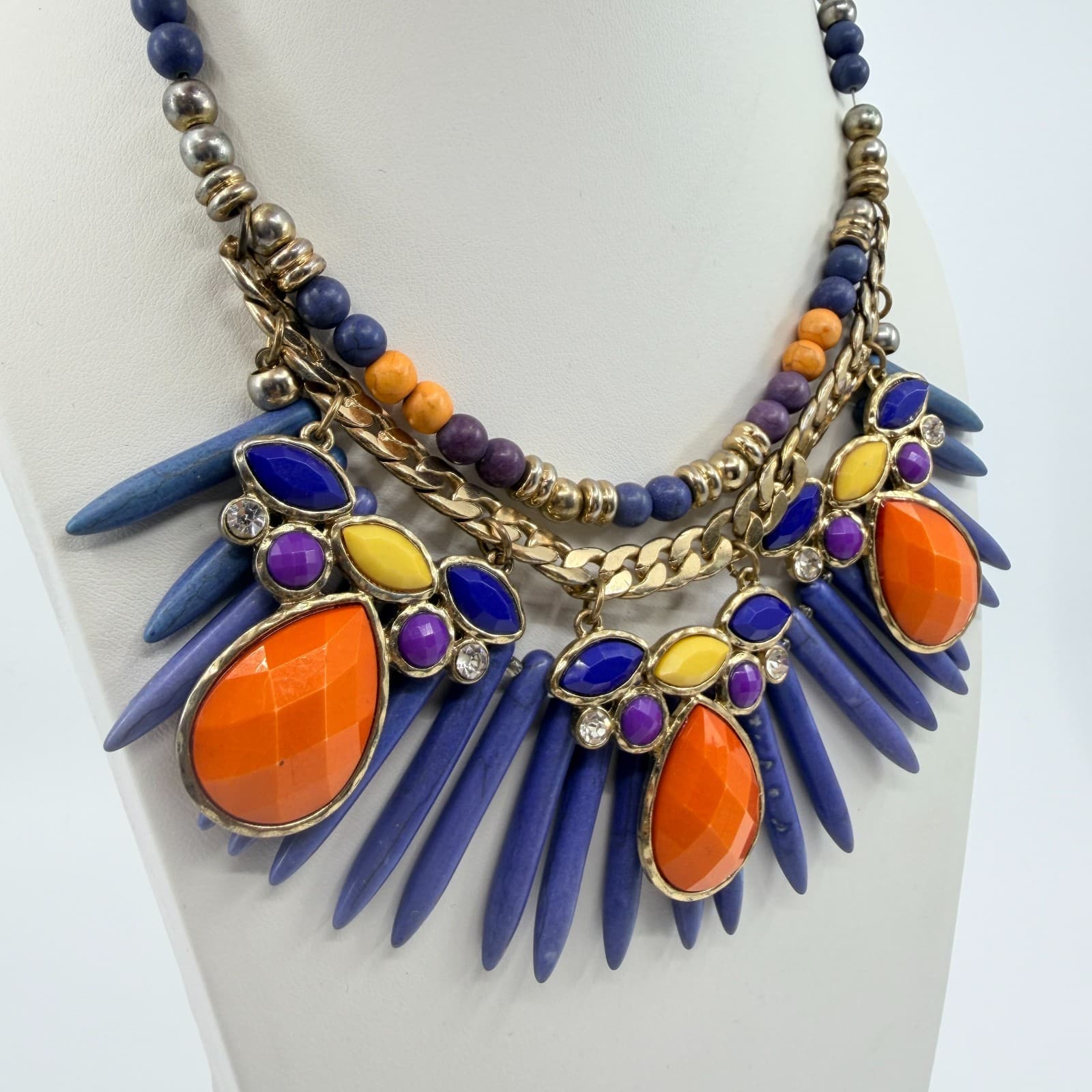 Vintage Gold Tone Bold Multi Color Spike Bib Statement Necklace Chunky Boho 90s - Thumbnail 4