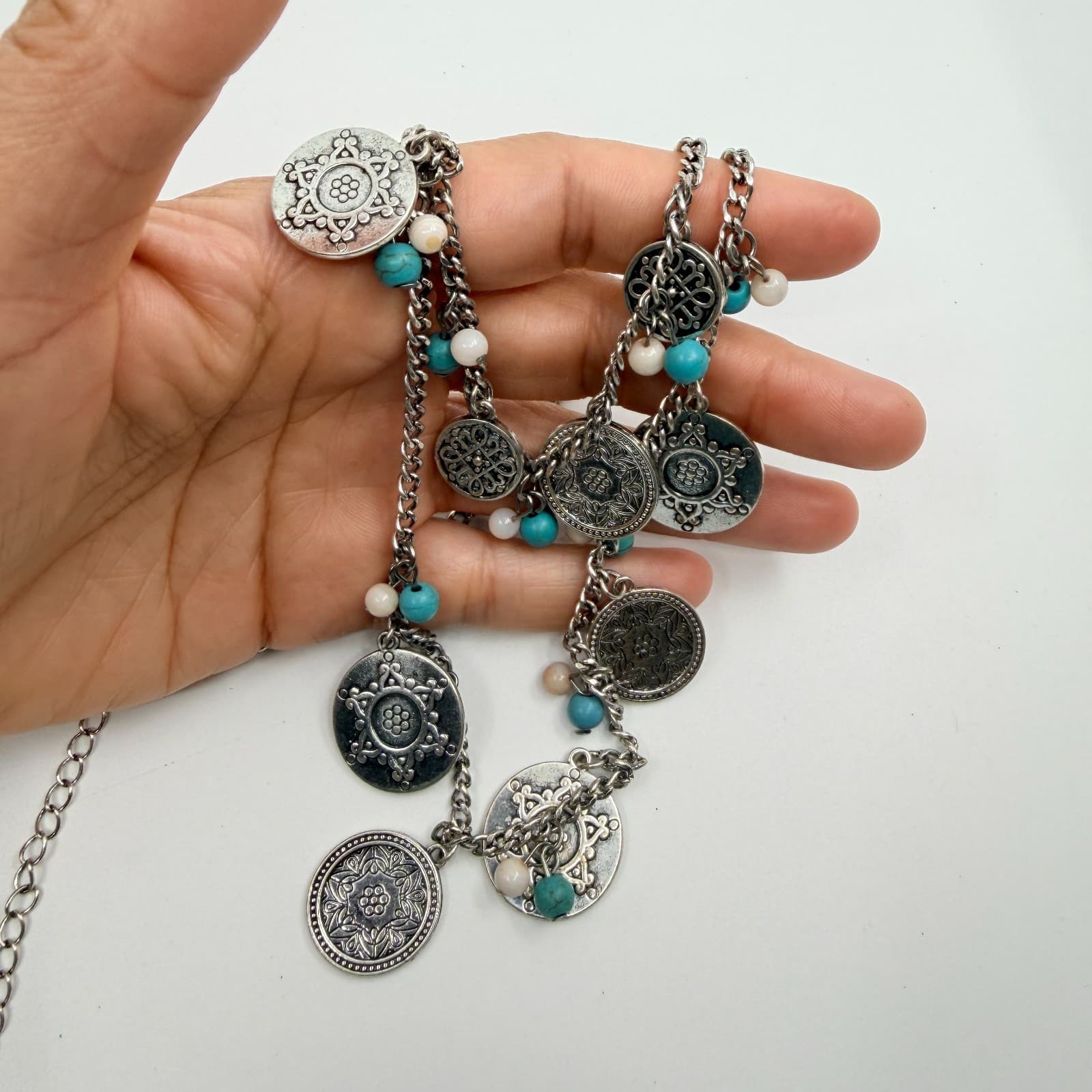 Vintage Silver Tone Boho Layered Statement Necklace Turquoise Color Beaded Coin - Thumbnail 11